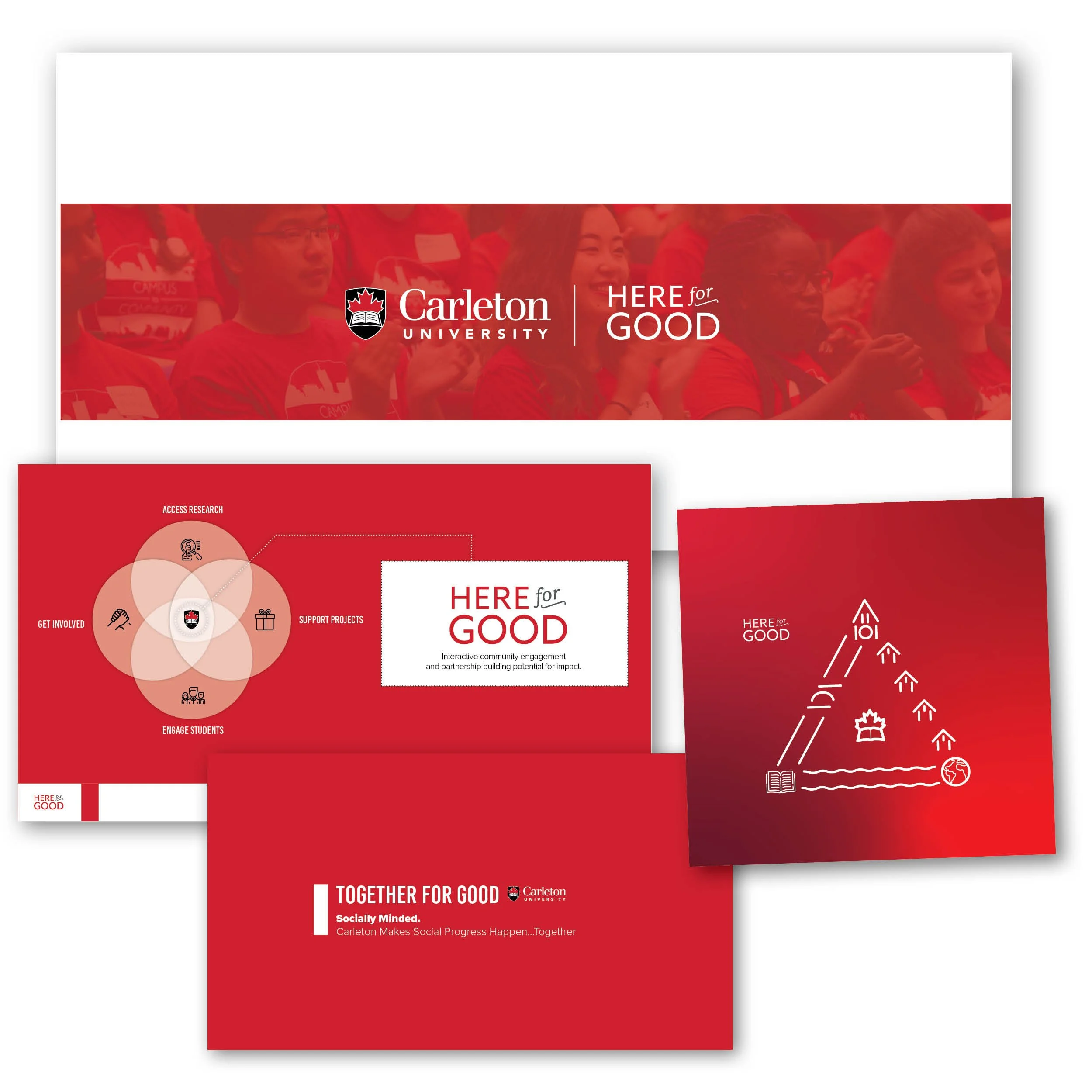 Two overlapping posters for Carleton University. The top poster shows a group of diverse students in red clothing, with the university's logo and the text 'HERE for GOOD.' The bottom poster emphasizes social progress, community engagement, and partne