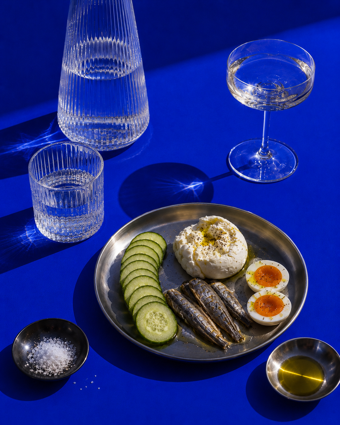 A table with a metal plate containing sliced cucumbers, a soft-boiled egg halved, sardines, and a dollop of soft cheese topped with pepper and olive oil. There are two small bowls with salt and olive oil, a glass of water, a glass of water with a textured design, an empty short glass, and a large glass pitcher of water on a blue surface, with shadow and light reflections.