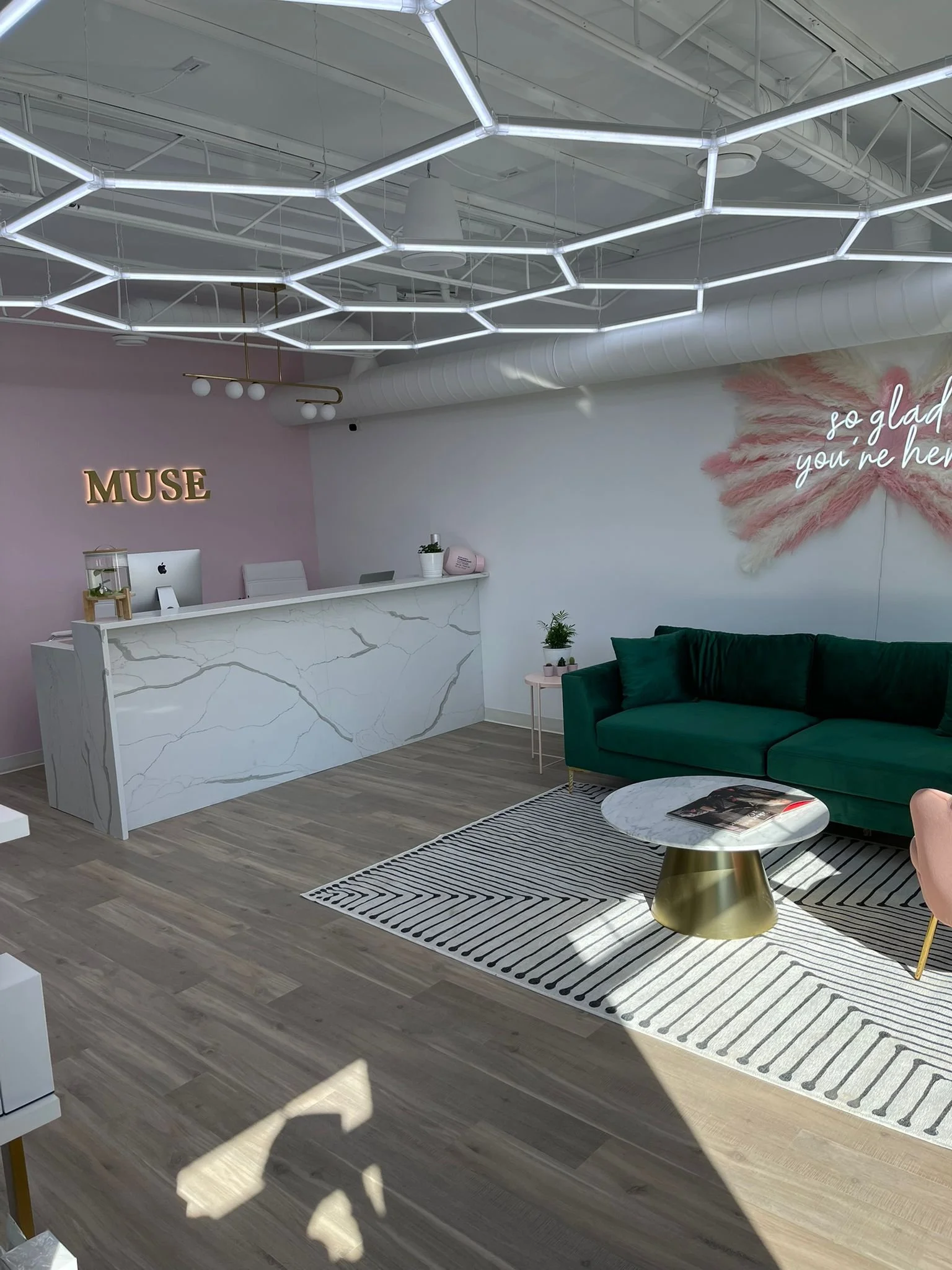 Modern reception area with pink wall, illuminated 'MUSE' sign, white marble front desk, ceiling with geometric LED lighting, gray wooden flooring, green velvet sofa, round marble coffee table with gold base, black and white striped rug, and decorativ