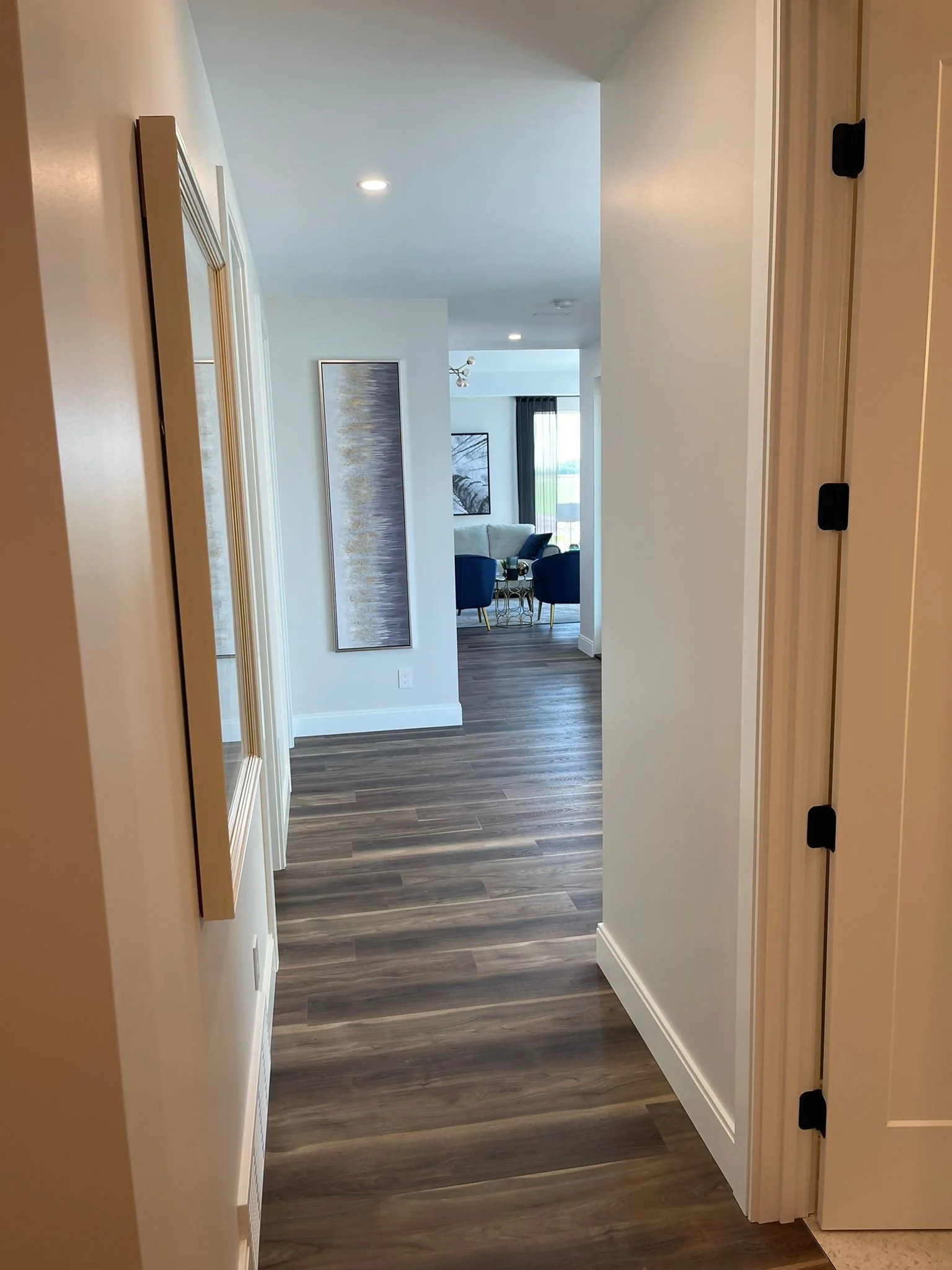 Hallway with wooden flooring, painted white walls, leading to a living room with paintings, curtains, and sitting area visible in the background.