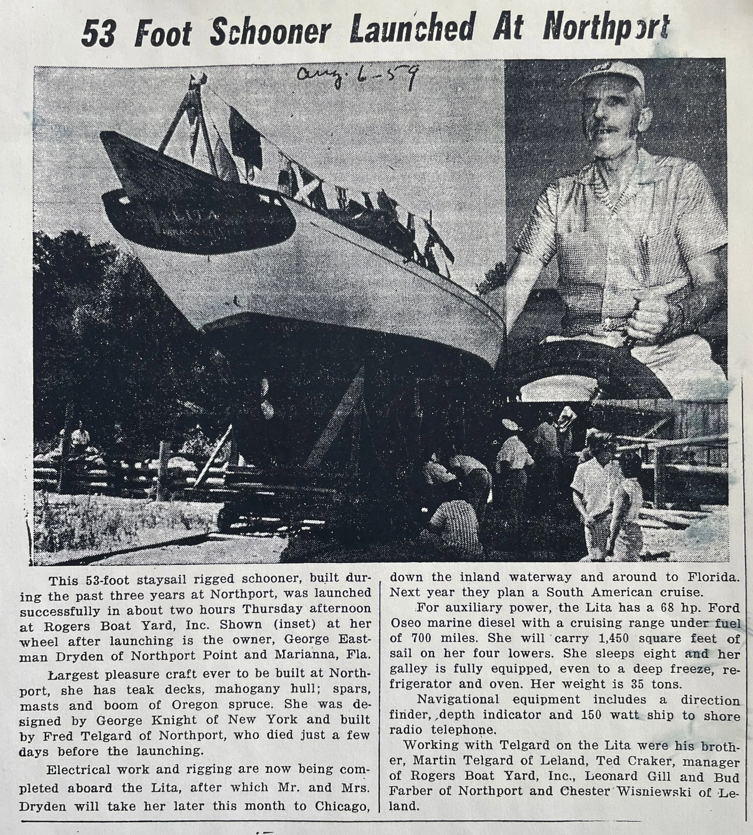 Black and white newspaper clipping showing a person in a sailor cap inside a boat, with a caption about a 53-foot schooner launched at Northport, and a photo of a woman sitting on a chair.