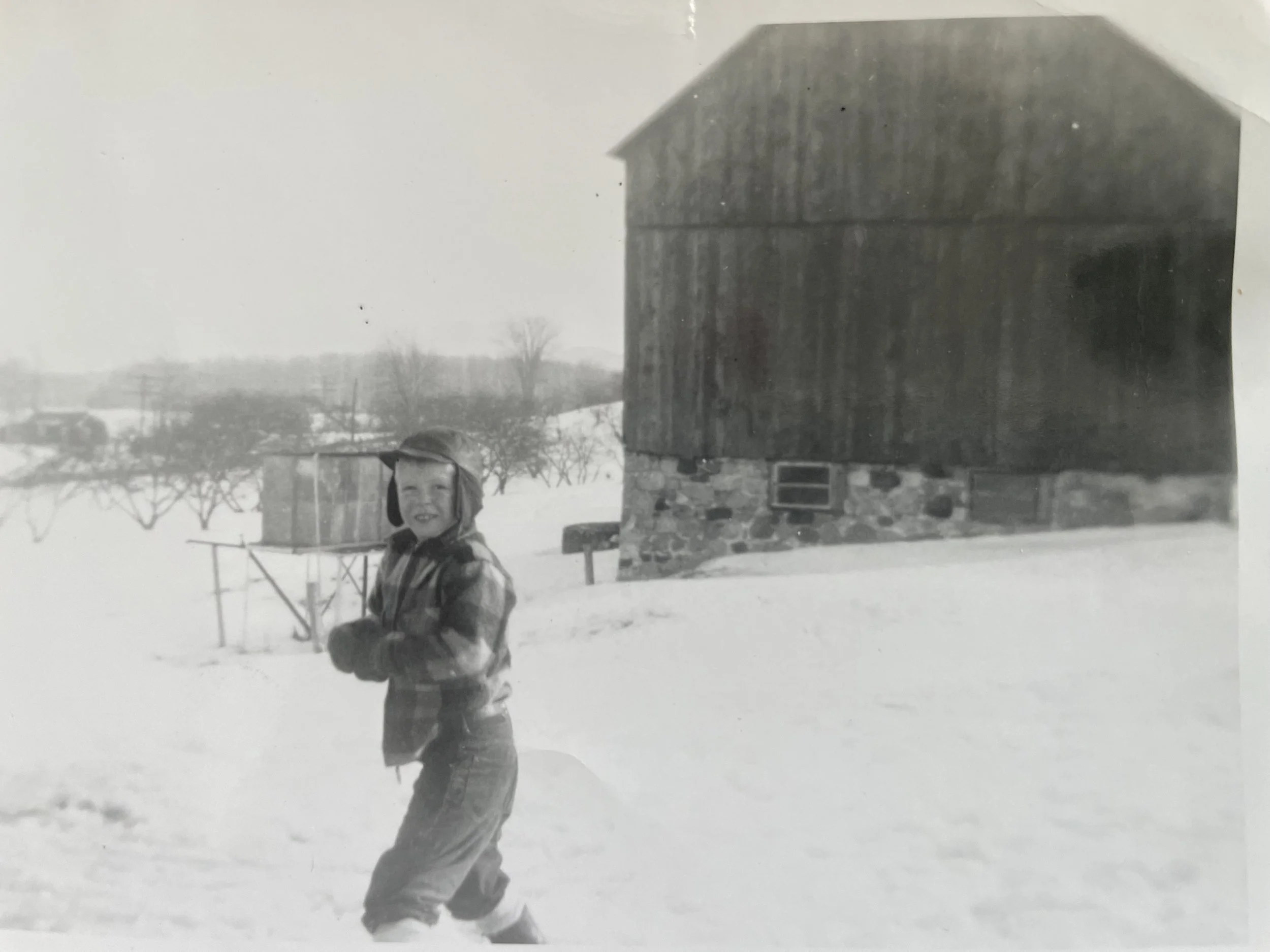A child dressed in winter clothing standing in a snowy landscape with a house and trees in the background.