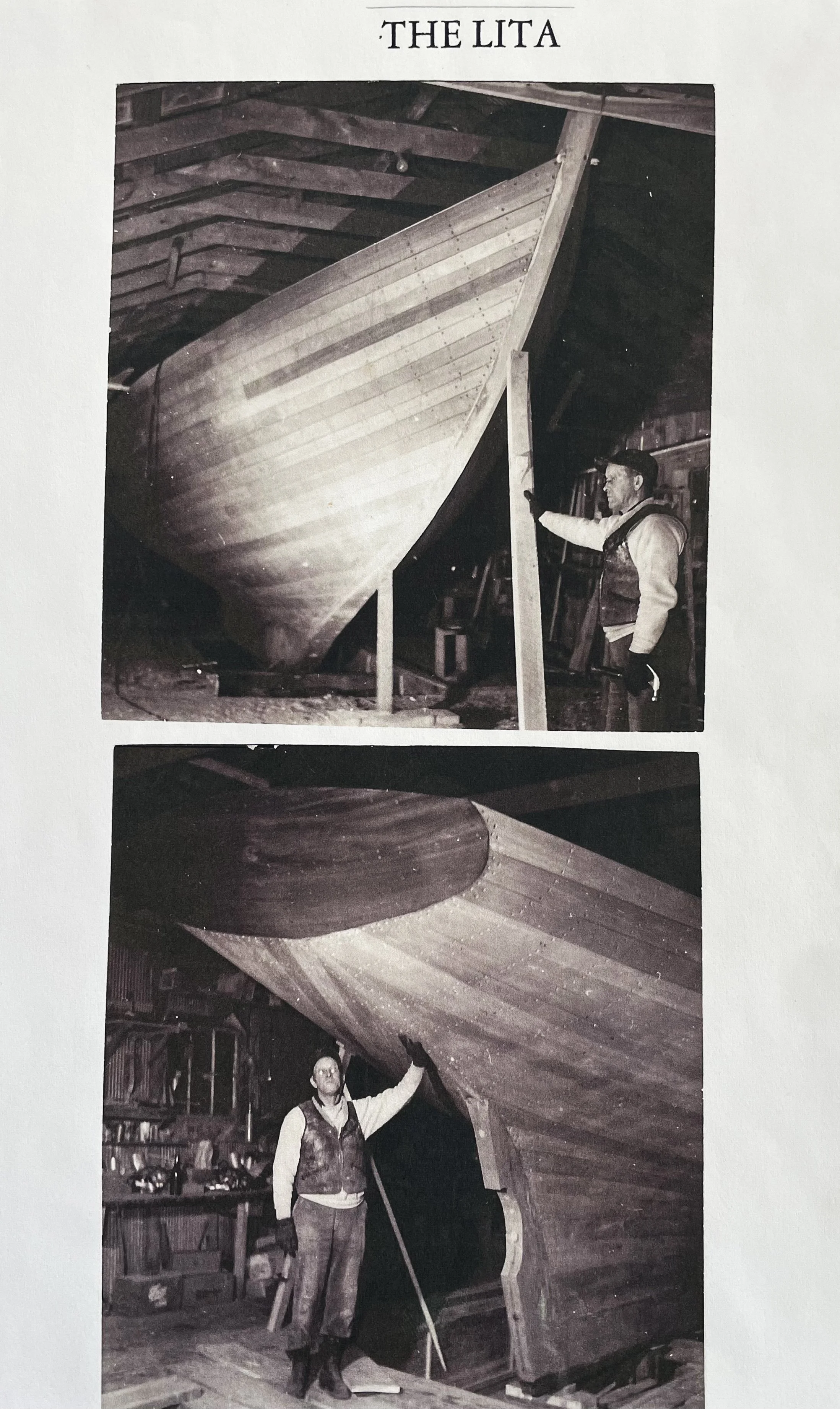 Photos of two men working on the wooden hull of a boat inside a workshop. The men are dressed in work clothes, and the boat is supported on stands. The workspace has a rustic, wooden interior.