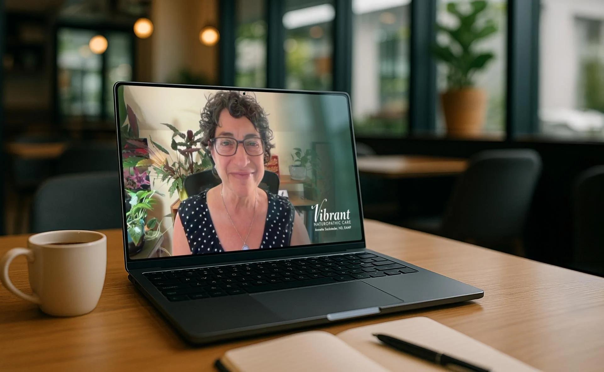 A woman with glasses and curly dark hair is on a computer participating in a video call on a laptop, with plants in the background. The screen displays text that says 'Vibrant Naturopathic Care' and 'Annette Sacksteder, N.D., EAMP'.