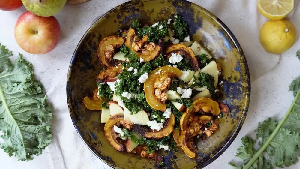 Autumn Kale Salad Featuring Roasted Delicata Squash