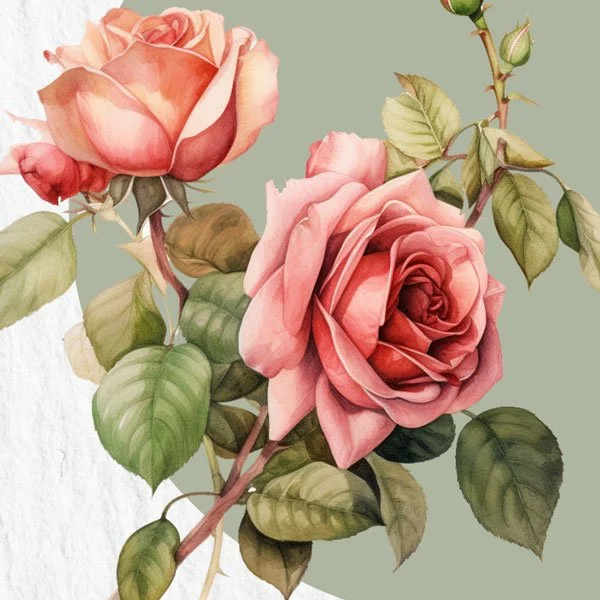 Illustration of two pink roses with green leaves and buds on a light green background.