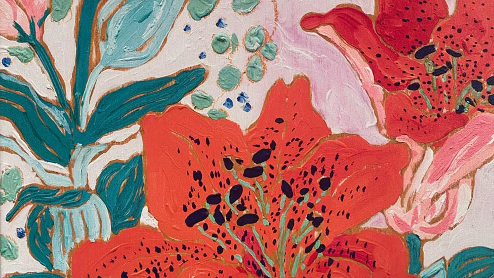 Close-up of a colorful floral painting featuring red and pink flowers, turquoise leaves, and green accents with gold outlines.