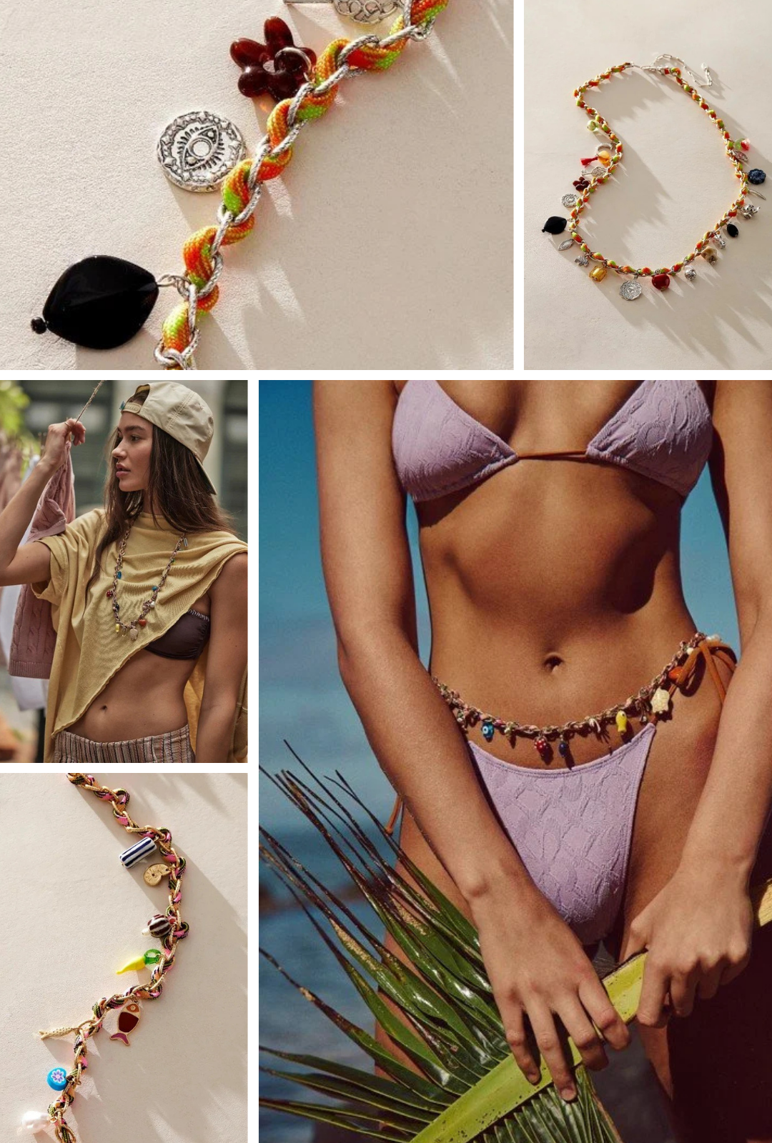 Collage of beach jewelry including beaded necklaces and anklets, with women wearing swimsuits and casual summer attire.