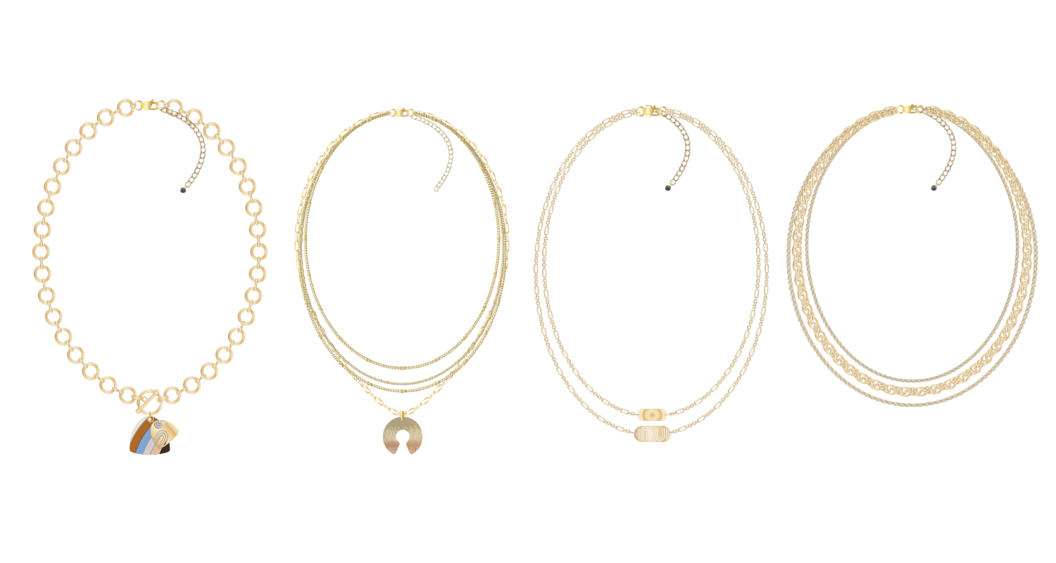 Four gold chain necklaces with various pendant charms displayed on a black background.