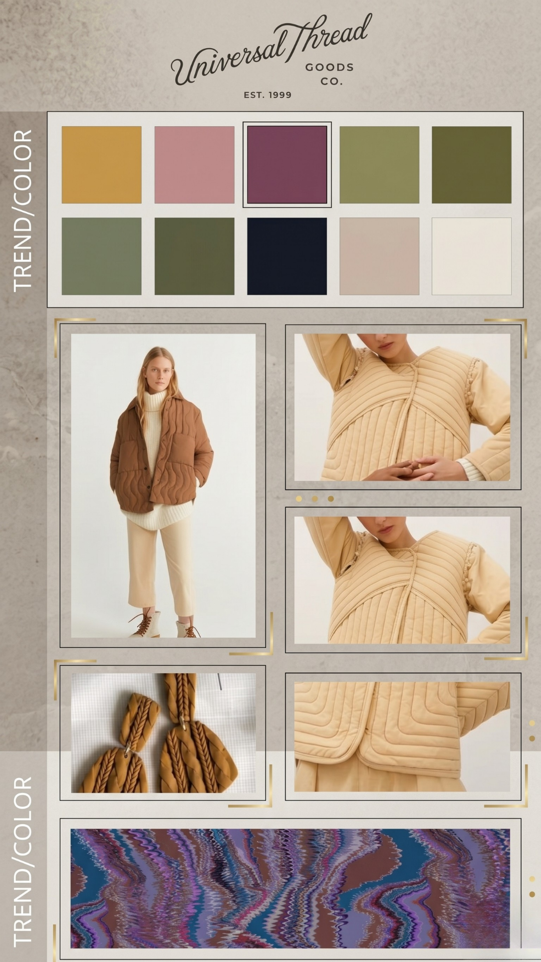 A fashion catalog page featuring a model dressed in neutral-colored clothing, including a brown quilted jacket, cream sweater, and cream pants. The page displays color options, close-up shots of the clothing's quilting details, and accessories like tan braided shoes.