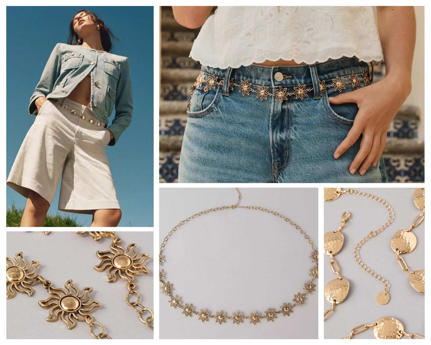 Collage of fashion jewelry and outfits featuring a woman in casual denim attire, with close-up photos of gold jewelry including sun-shaped earrings, a necklace, and a chain bracelet with circular charms.