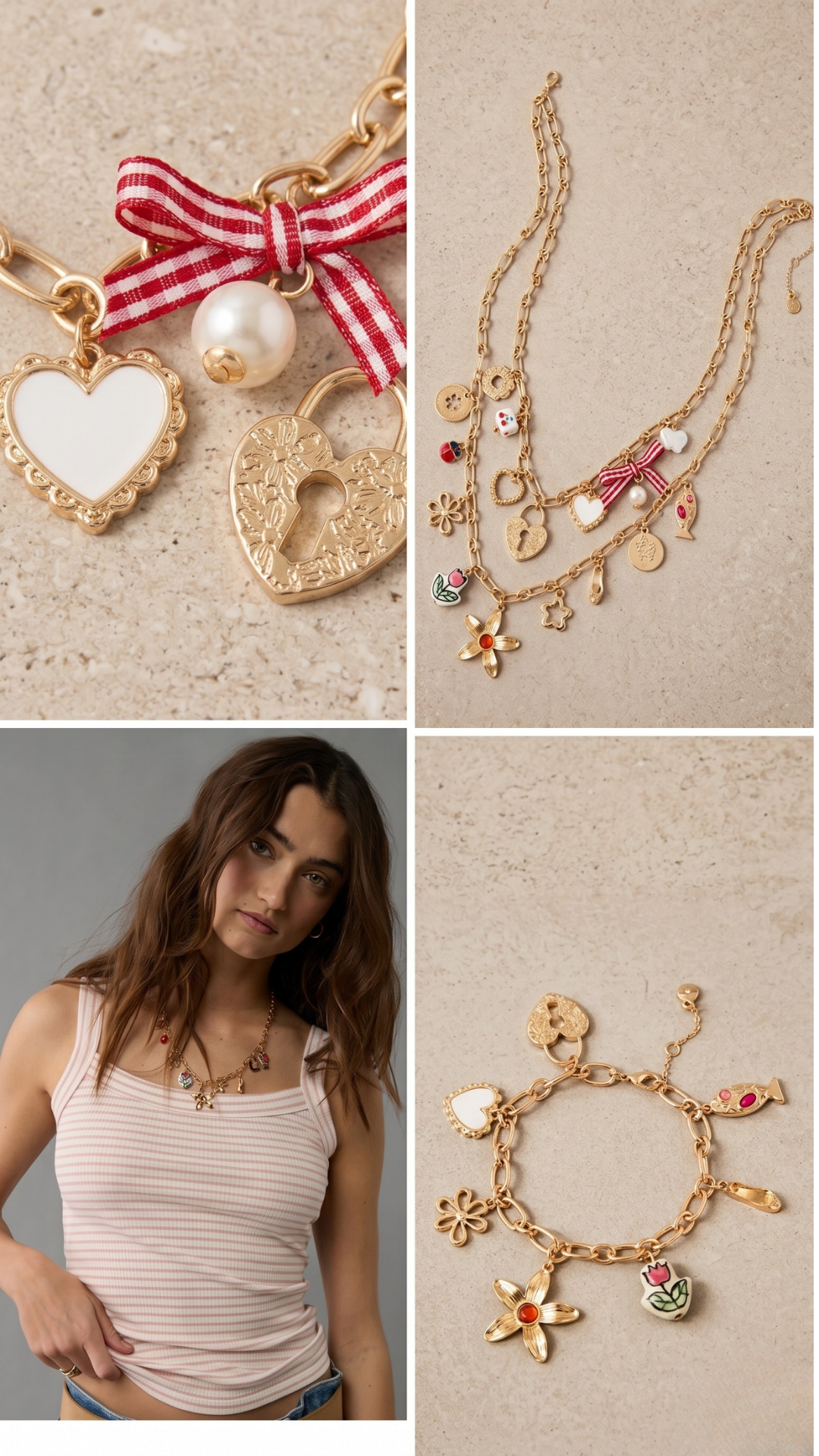 Collage of jewelry and a woman wearing jewelry including layered necklaces and a charm bracelet.