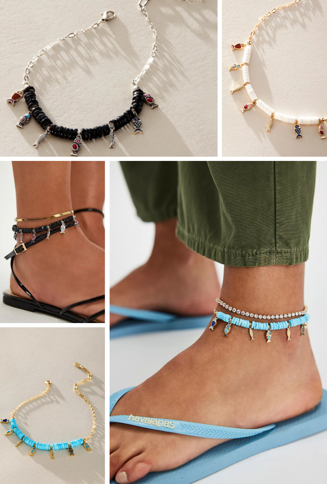 Various jewelry pieces including necklaces, anklets, and bracelets featuring fish charms, beads, and rhinestones, displayed on a light background, on a person’s ankle, and on a flat surface, with the person wearing green shorts and blue flip-flops.