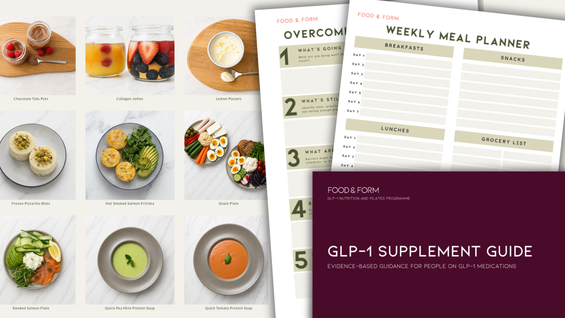 Collection of healthy foods and meal planning guides, including yogurt with berries, fruit jars, lemon posset, pistachio bites, smoked salmon plate, soup, and planning sheets for weekly meals and supplements.