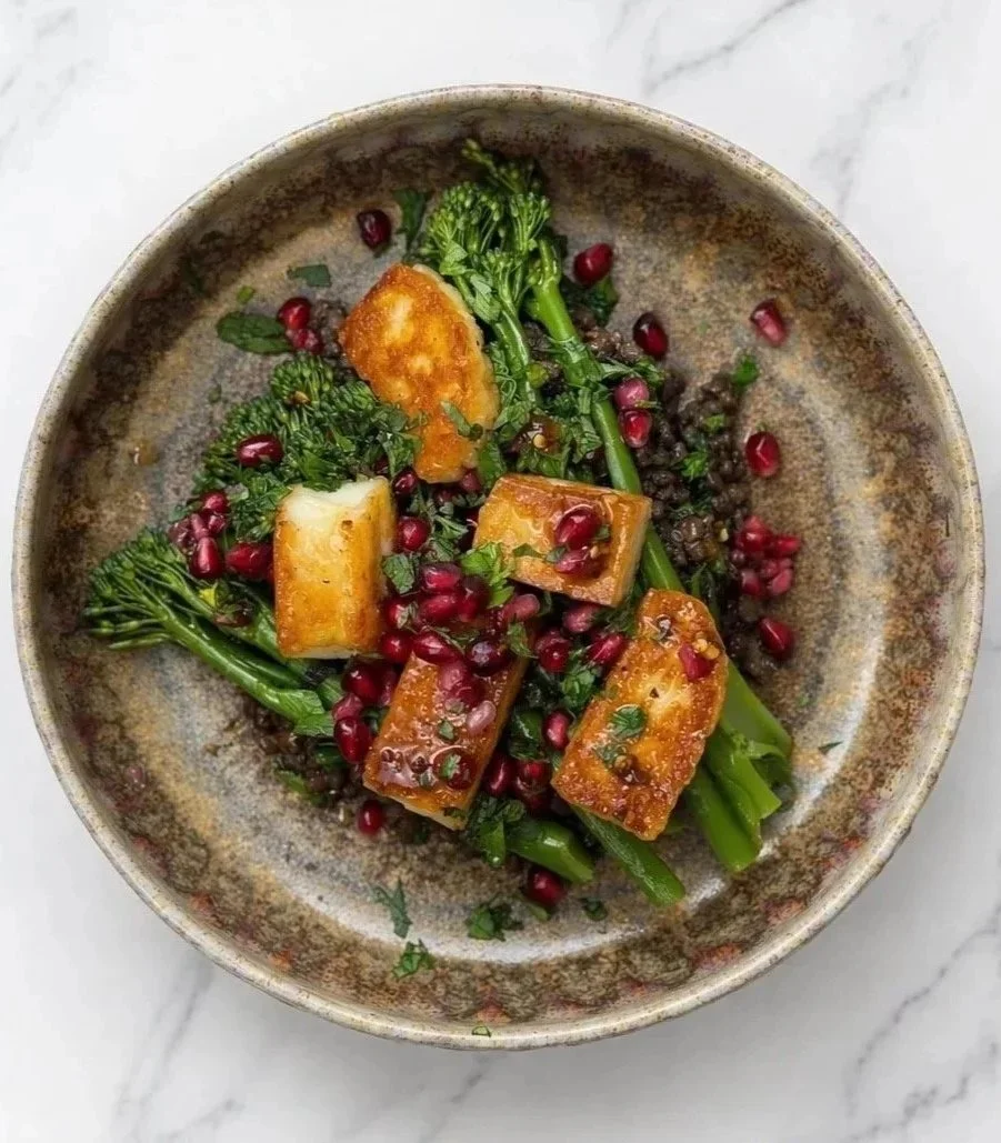 A ceramic bowl with roasted halloumi, broccoli, pomegranate seeds, and chopped herbs on a white marble surface.