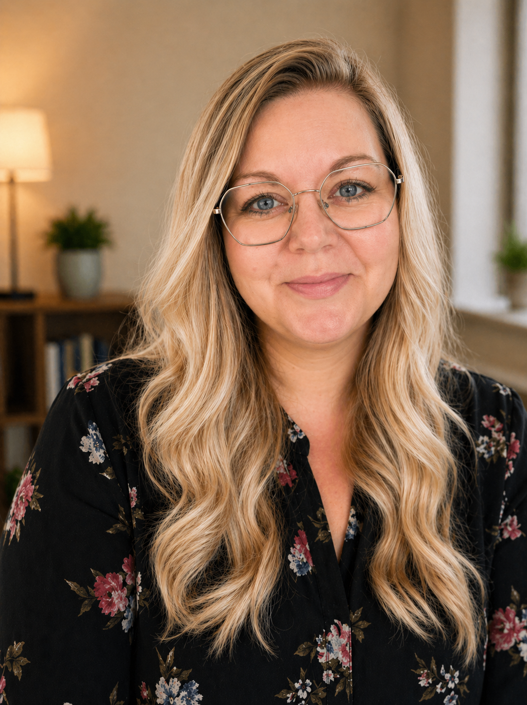 En kvinde med blonde hår, iført briller og en sort blomstret kjole, sidder i et indendørs rum med en blød belysning og baggrund med en bogreol, en plante og en lampe.