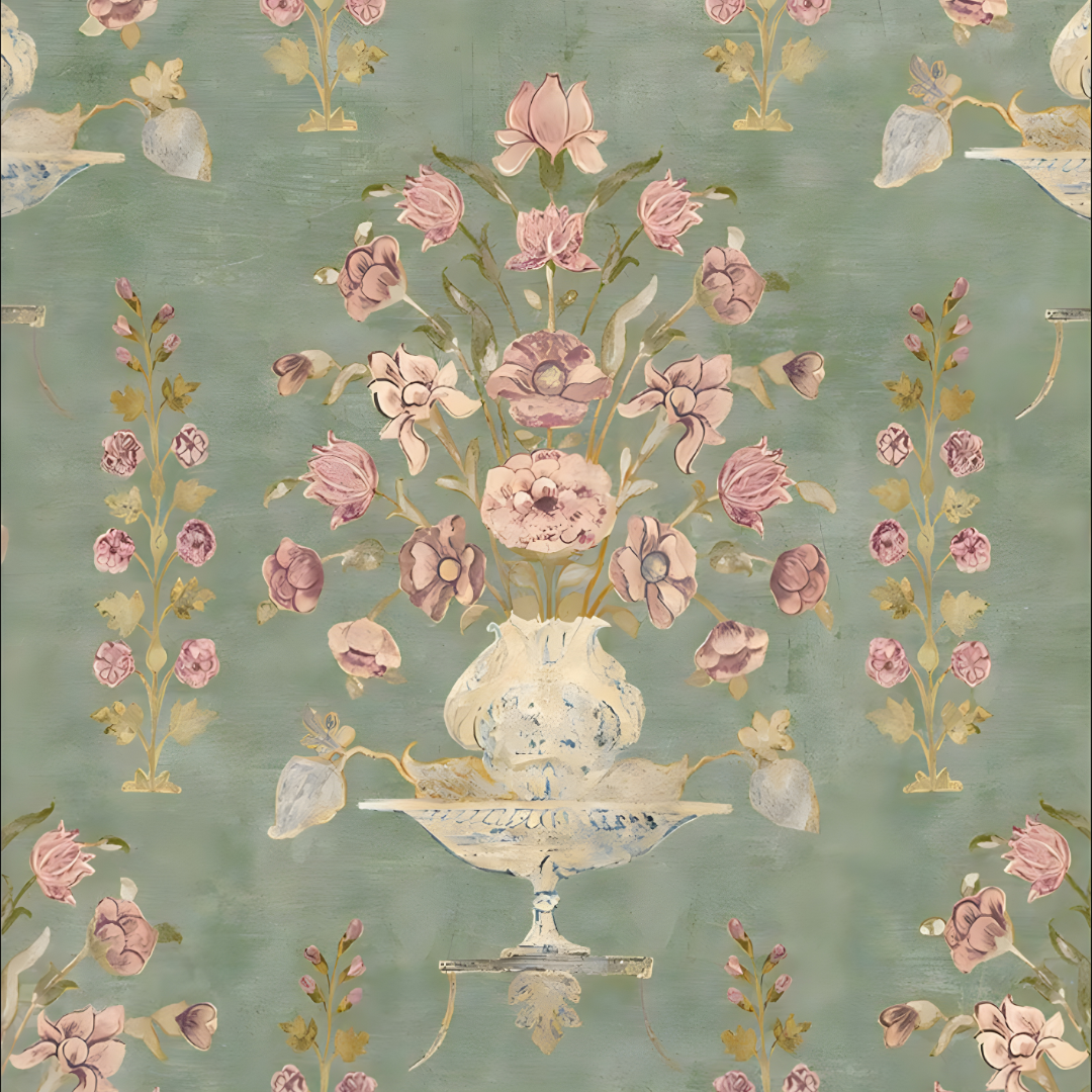 A vintage floral wallpaper pattern featuring a central bouquet of pink flowers in an ornate cream-colored vase, with smaller pink flowers and green leaves on a muted green background.