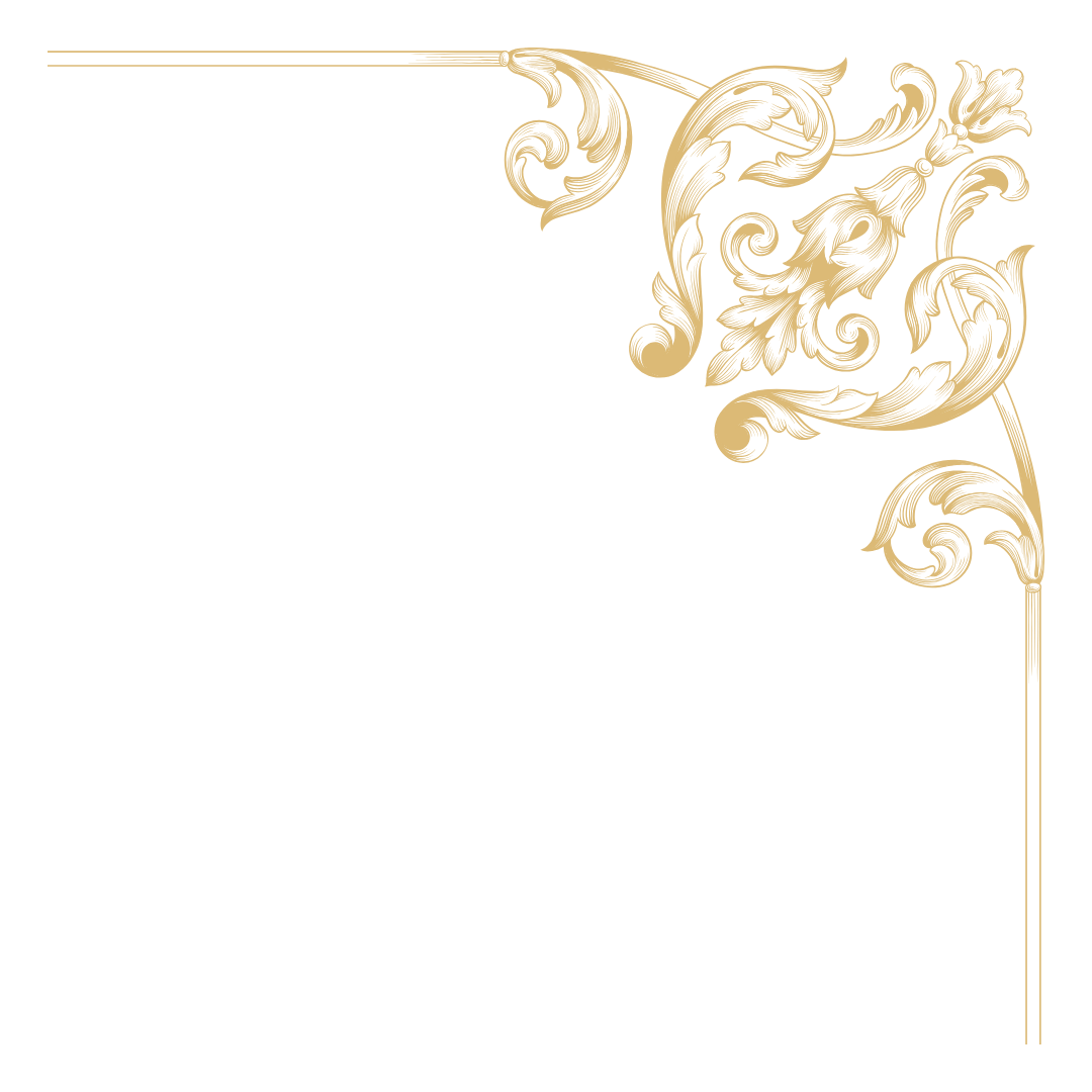 A gold ornate floral corner design in the top right and bottom left.