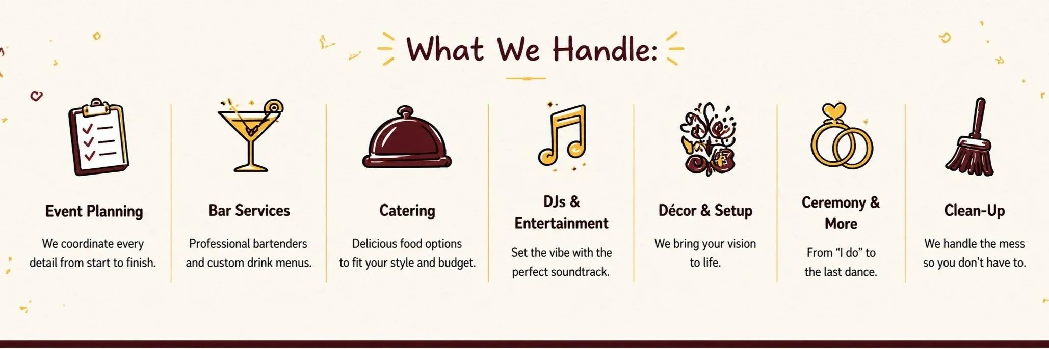 infographic listing event services including event planning, bar services, catering, DJs and entertainment, décor and setup, ceremony and more, and clean-up, with icons and descriptions for each.