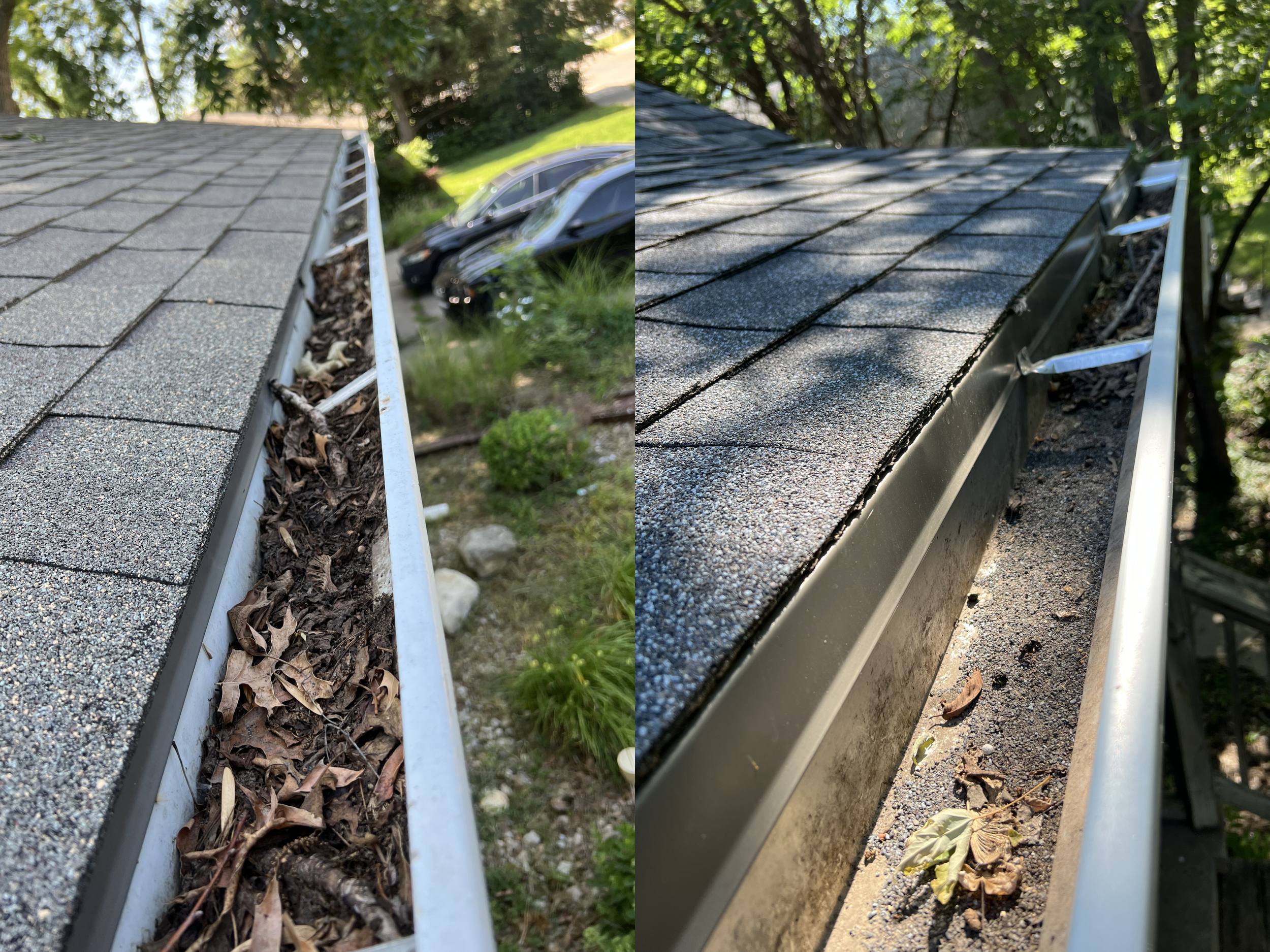 Before and after a gutter cleanout performed by Gutter Solution LLC