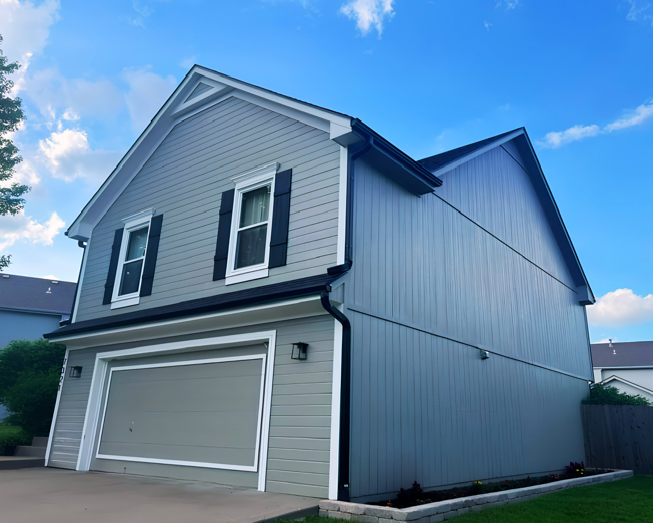 New gutters and downspouts installed by Gutter Solution LLC on a Kansas City Kansas two story house