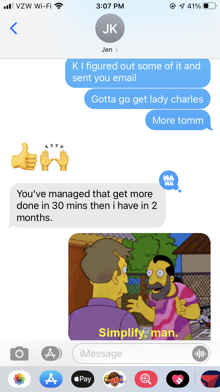 A screenshot of a text message conversation with an embedded image of a cartoon scene from The Simpsons showing two men talking, one in a purple shirt and the other in a pink tie-dye shirt, with the caption "Simplify, man."