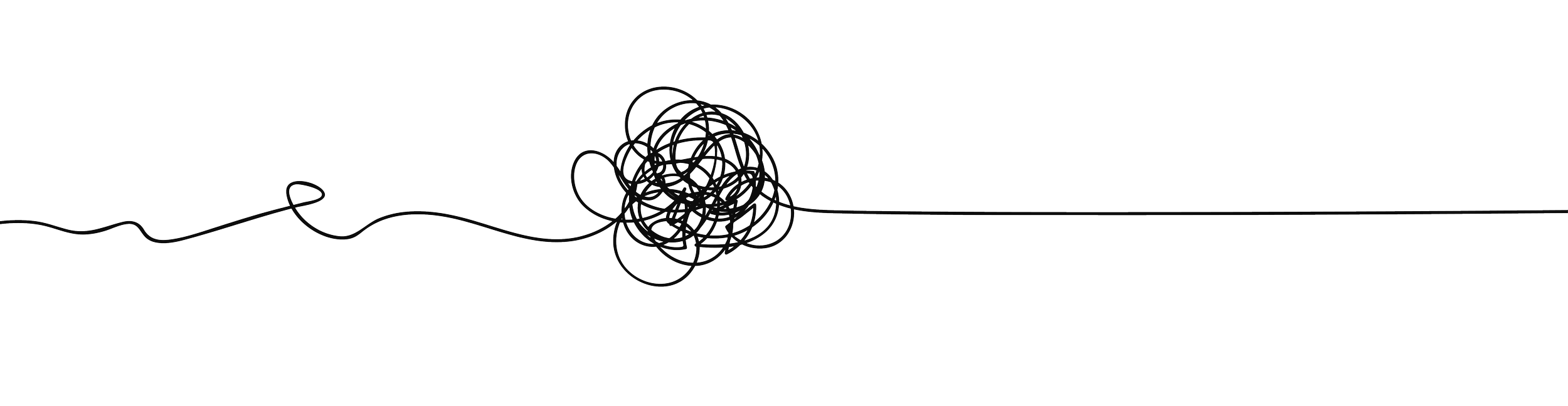 A tangled ball of string with the string extending to the right.