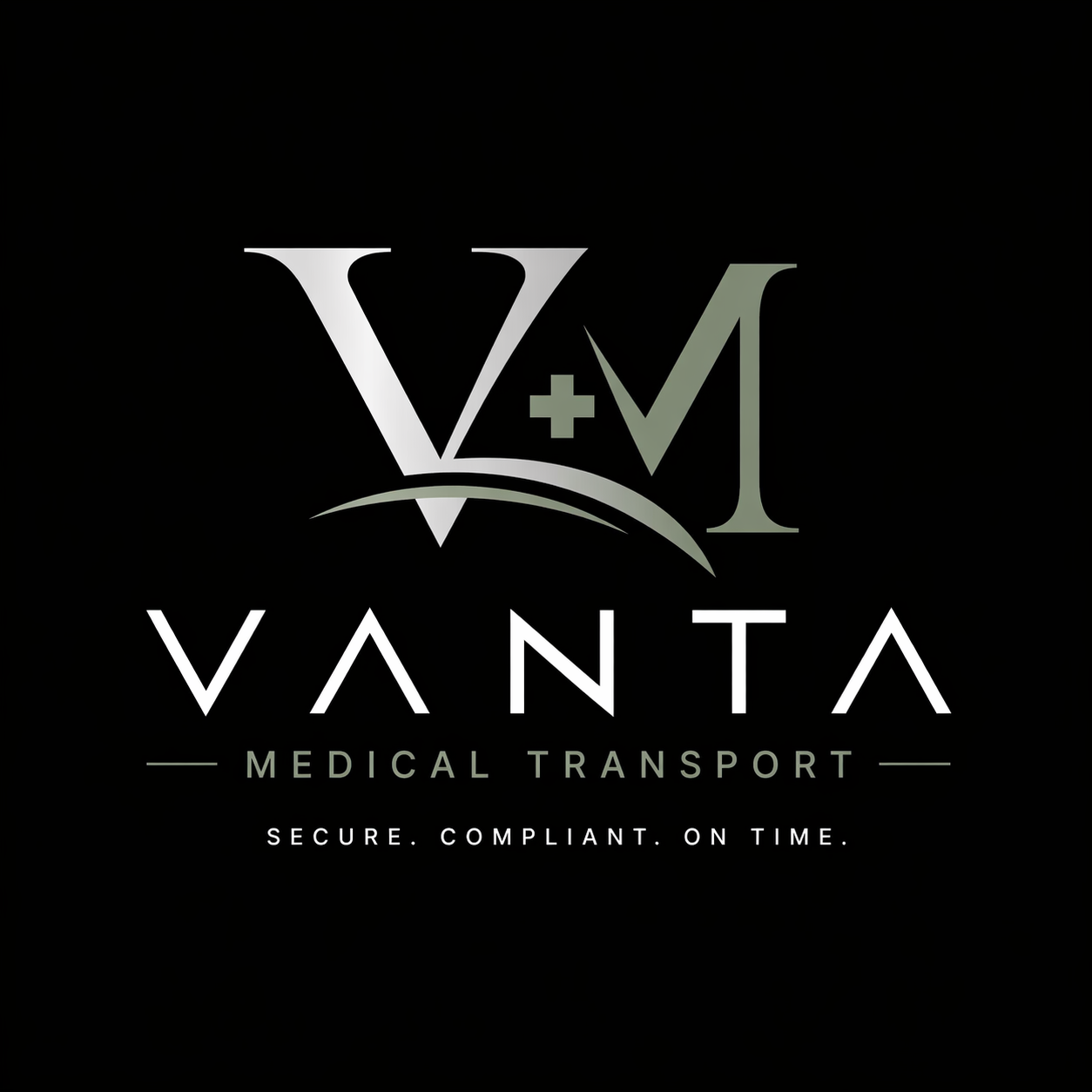Logo for Vanta Medical Transport with stylized 'V+M' initials, the company name 'Vanta' in modern font, and the tagline 'Secure. Compliant. On Time.'