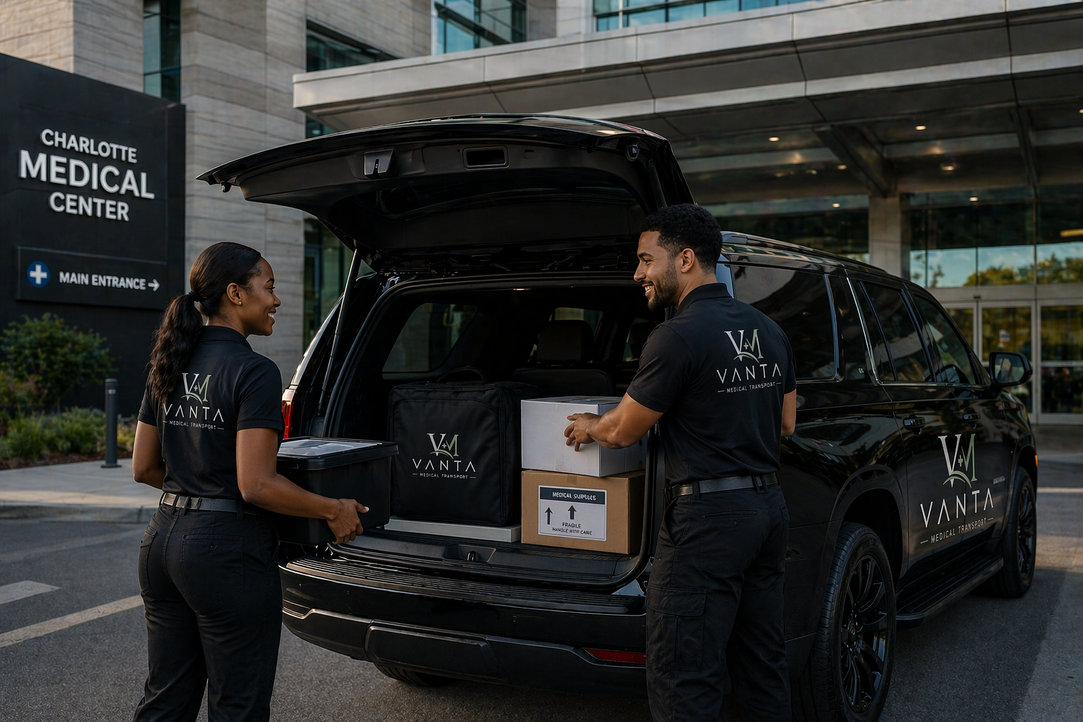 Two Vanta medical transport workers loading medical supplies into a black vehicle outside Charlotte Medical Center.