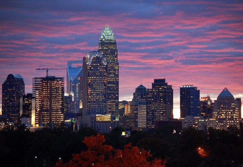 Skyline of a city with tall skyscrapers during sunset, pink and purple clouds in the sky, and trees in the foreground.