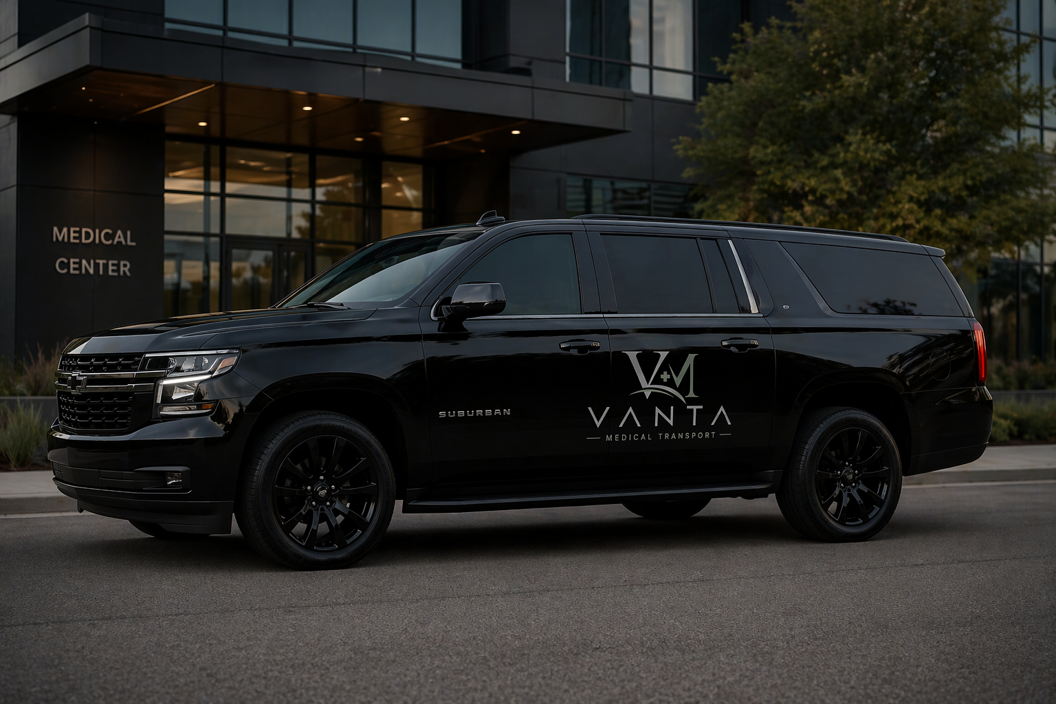 Black VANTA Medical Transport SUV parked in front of a modern medical center building with glass windows and a sign that reads 'Medical Center'.