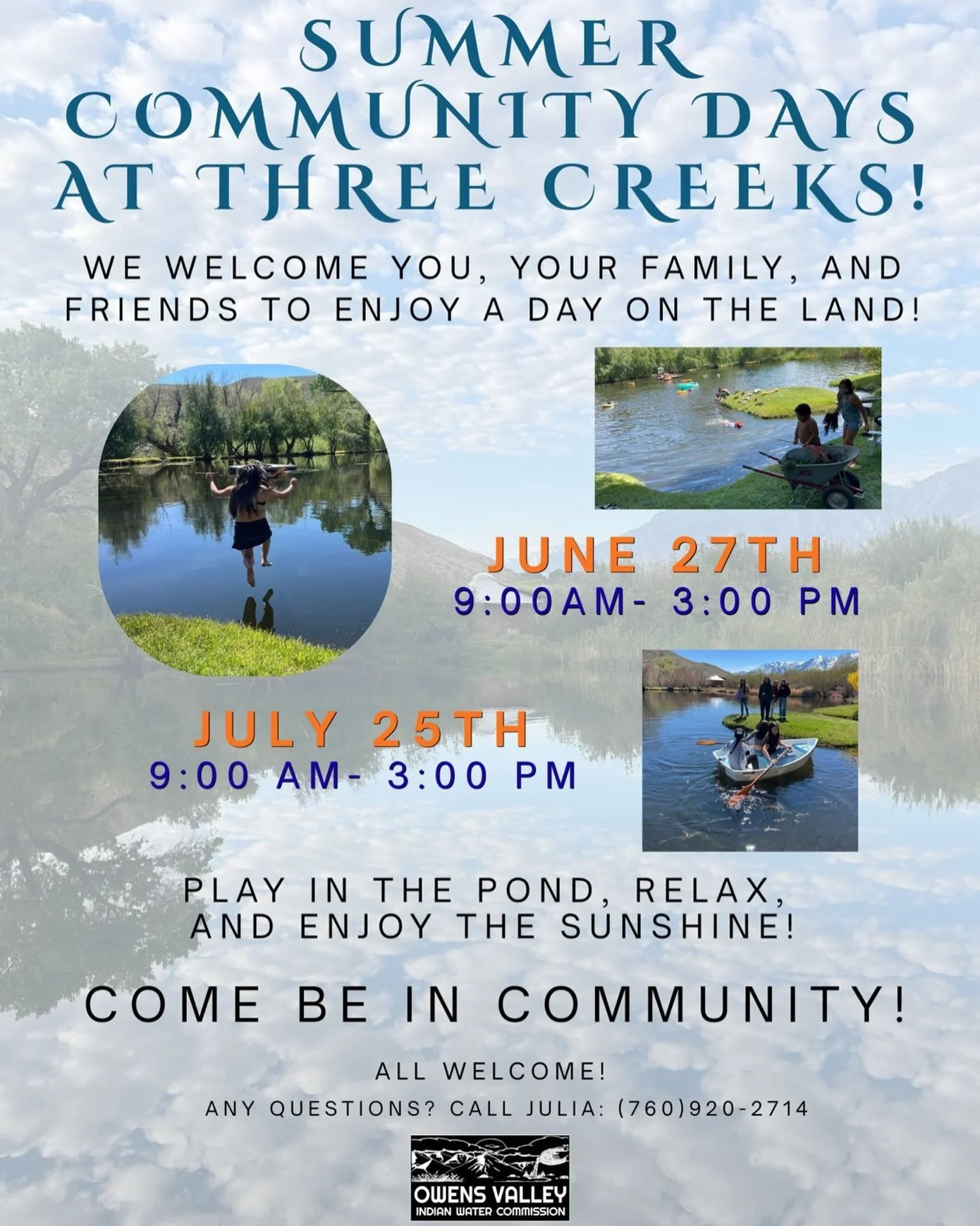 Community Day at Three Creeks this SATURDAY! 9 AM- 3PM! Come enjoy a day on the land with your friends and family! Play in the pond, picnic, or just relax! Hope to see you here!
Questions or need directions? Reach out to Julia: (760)920-2714
#Threecr