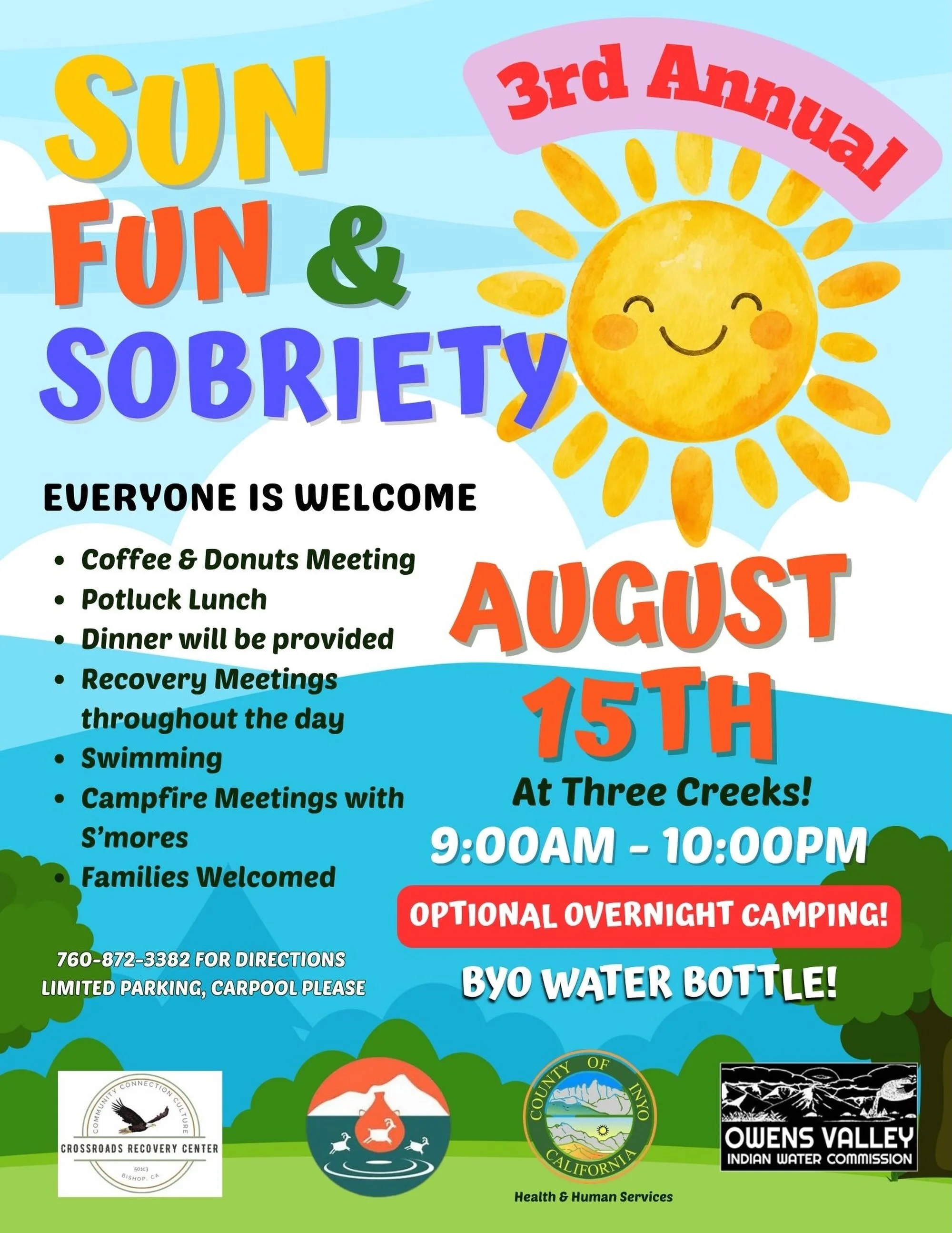 Join us for the 3rd Annual Sun, Fun &amp; Sobriety Day at Three Creeks! 

Come spend a day of connection, healing, laughter, and community on Saturday, August 15, from 9:00 AM&ndash;10:00 PM. This amazing collaboration with Crossroads Recovery Center