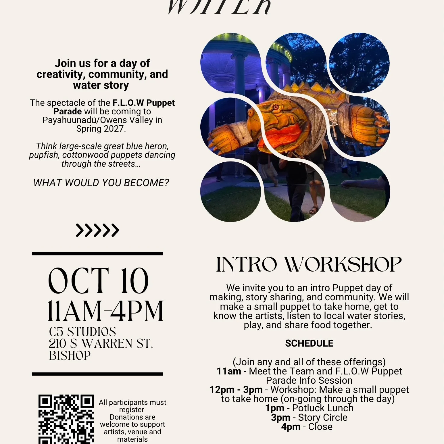 Save the Date! October 10 
11 AM&ndash;4 PM | C5 Studios, Bishop, CA
Step into the world of puppet making with a fun, hands-on introductory workshop! This is just the beginning, leading into a larger creative workshop series in 2027, where we&rsquo;l