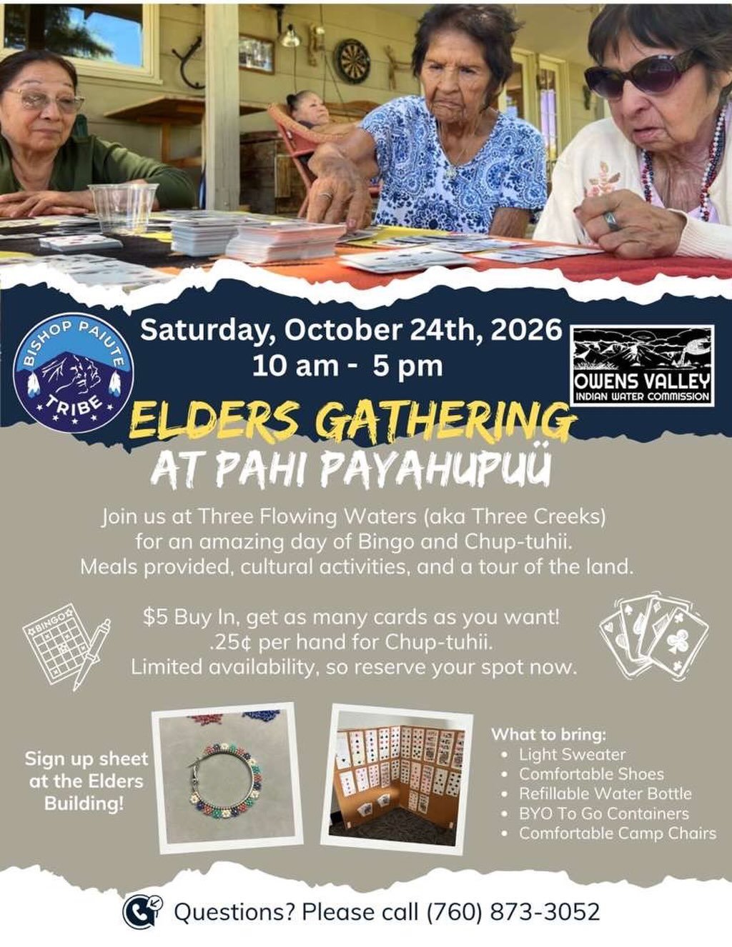 Here at Three Creeks we are going to be holding a day dedicated for Elders Only to connect with one another, play some bingo and chup-tuhii, share and participate in cultural activities and tour the beautiful land. Meals will be provided. October 24t