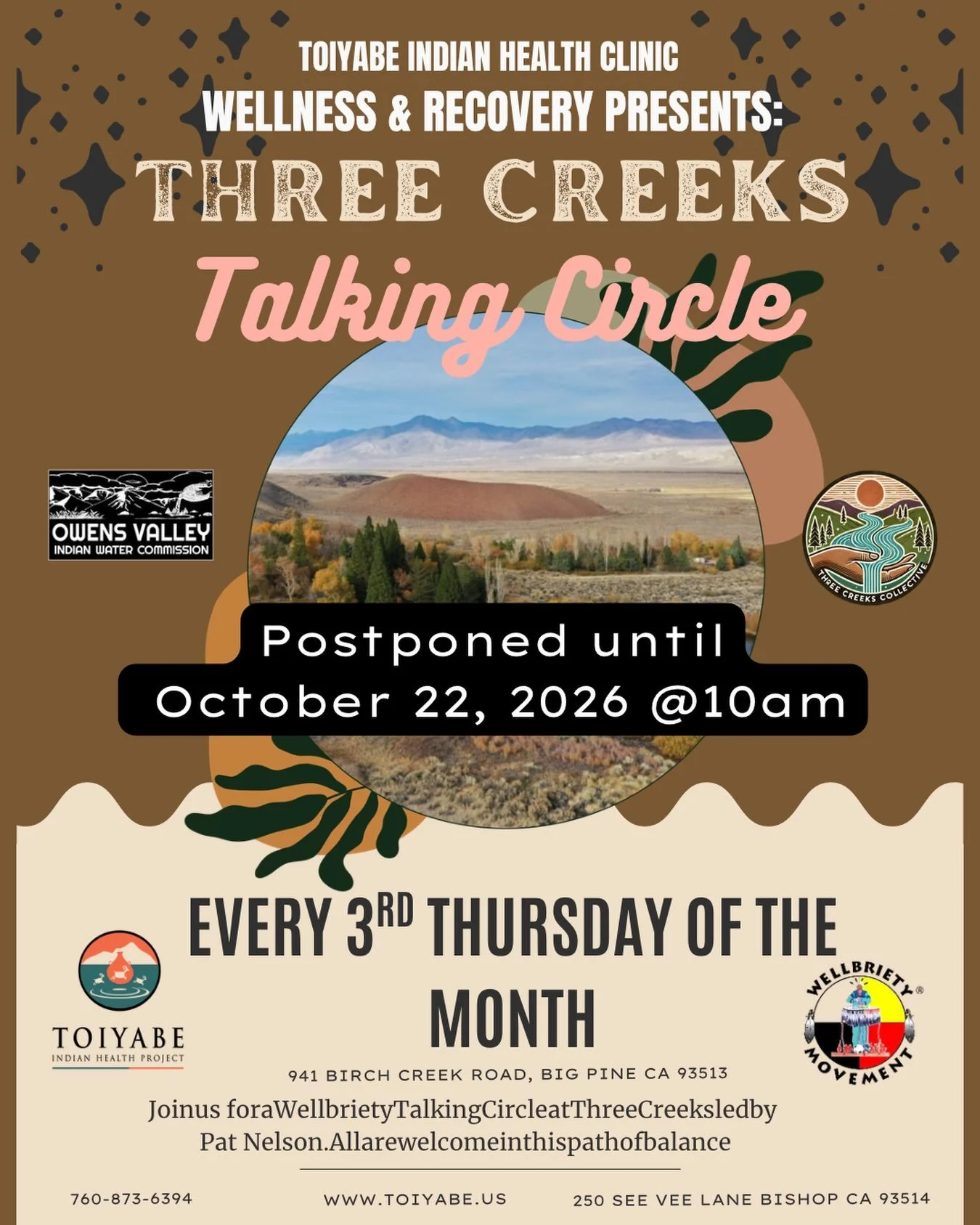 This month we are postponing the Wellbriety Talking Circle to October 22, which is a week later than the regularly scheduled date. Please join us at the usual time 10am-12:30pm lunch will be served. Hope to see you here!