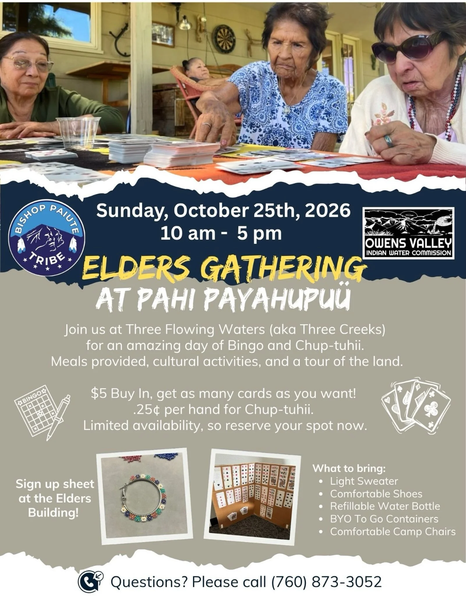 Out of love and respect for the recent passing of a beloved member in our Big Pine community, we will be rescheduling the Elders Gathering at Pahi Payahupu&uuml; (aka Three Creeks), to Sunday October 25th.
Thank you all for understanding, and we look