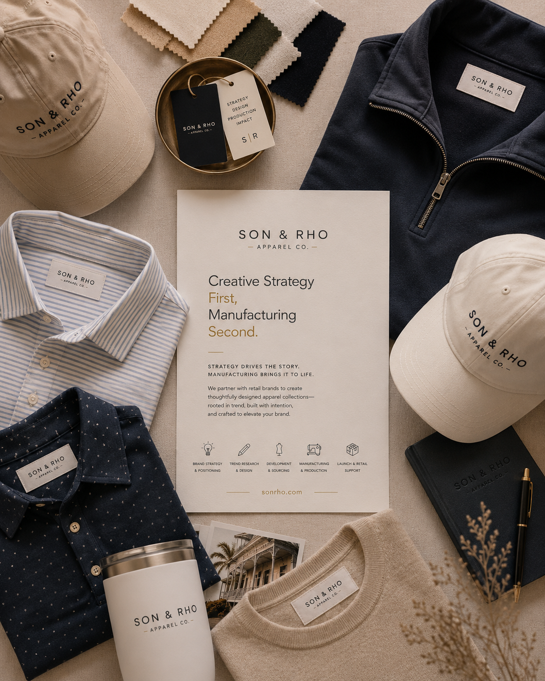 Flat lay of clothing and accessories, including beige cap, striped shirt, navy dotted shirt, navy half-zip pullover, cream sweatshirt, and a black notebook, along with fabric swatches, a tumbler, a pen, photographs, and a printed strategy document, all branded with SON & RHO APPAREL CO.