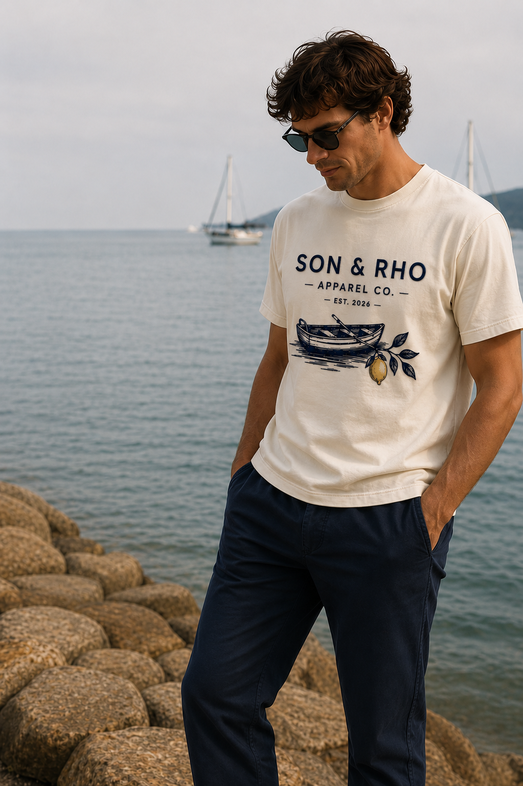 A man standing by the water with sailboats in the background, wearing sunglasses, a cream T-shirt with a boat graphic and text, and dark pants.