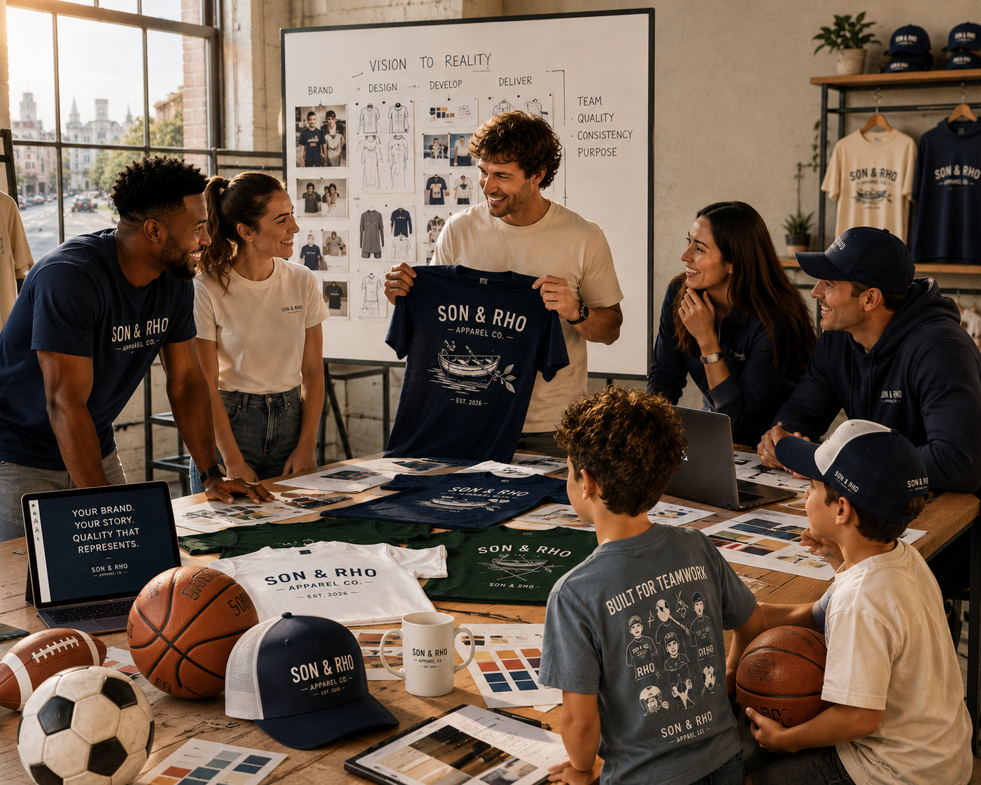 People gathered in a workspace, discussing and showcasing custom clothing and apparel designs with sports balls and branding materials spread on the table. A man is holding a navy T-shirt with the logo 'SON & RHO'.