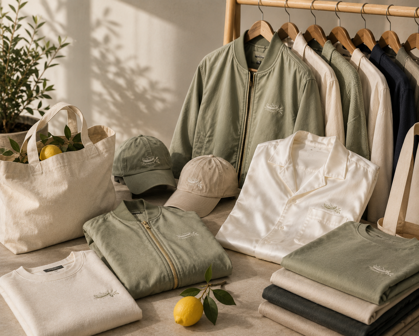 Display of casual clothing items including jackets, shirts, caps, and folded shirts, arranged on a table with a tote bag containing lemons and greenery, in a sunlit setting.