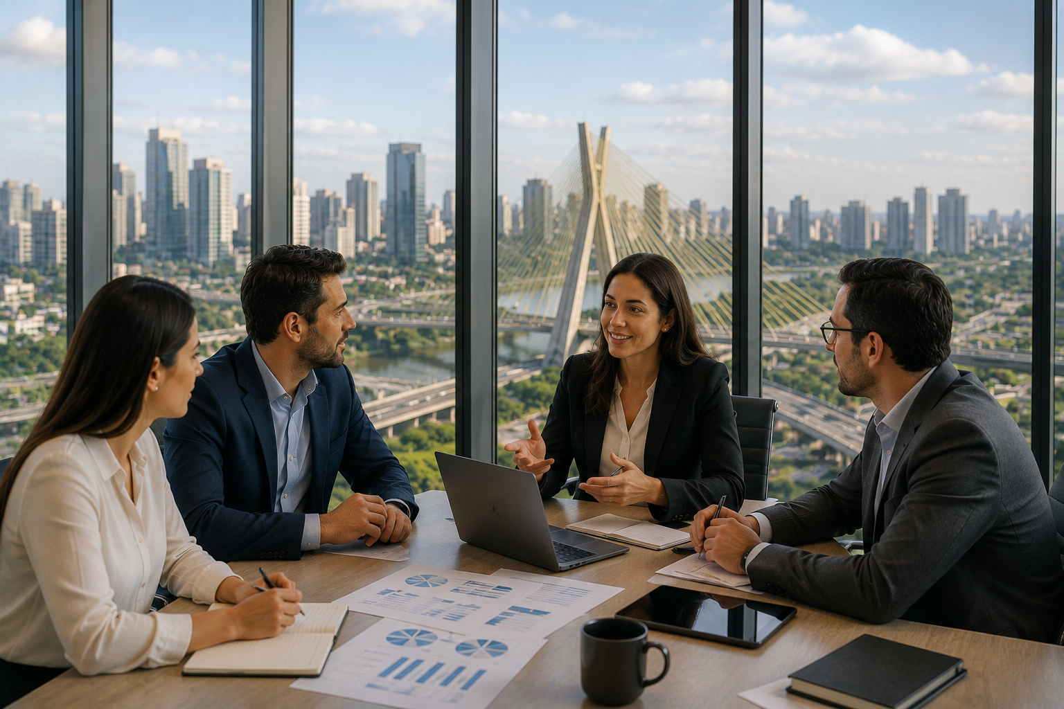 Four business professionals having a meeting in a high-rise office with a city skyline view.