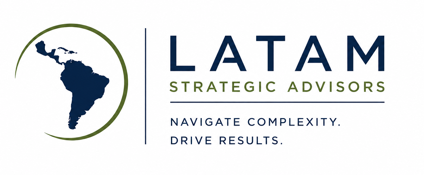 Logo of LATAM Strategic Advisors with a map of Latin America inside a green semi-circle on the left, and the text "LATAM Strategic Advisors" and the tagline "Navigate complexity. Drive results." on the right.