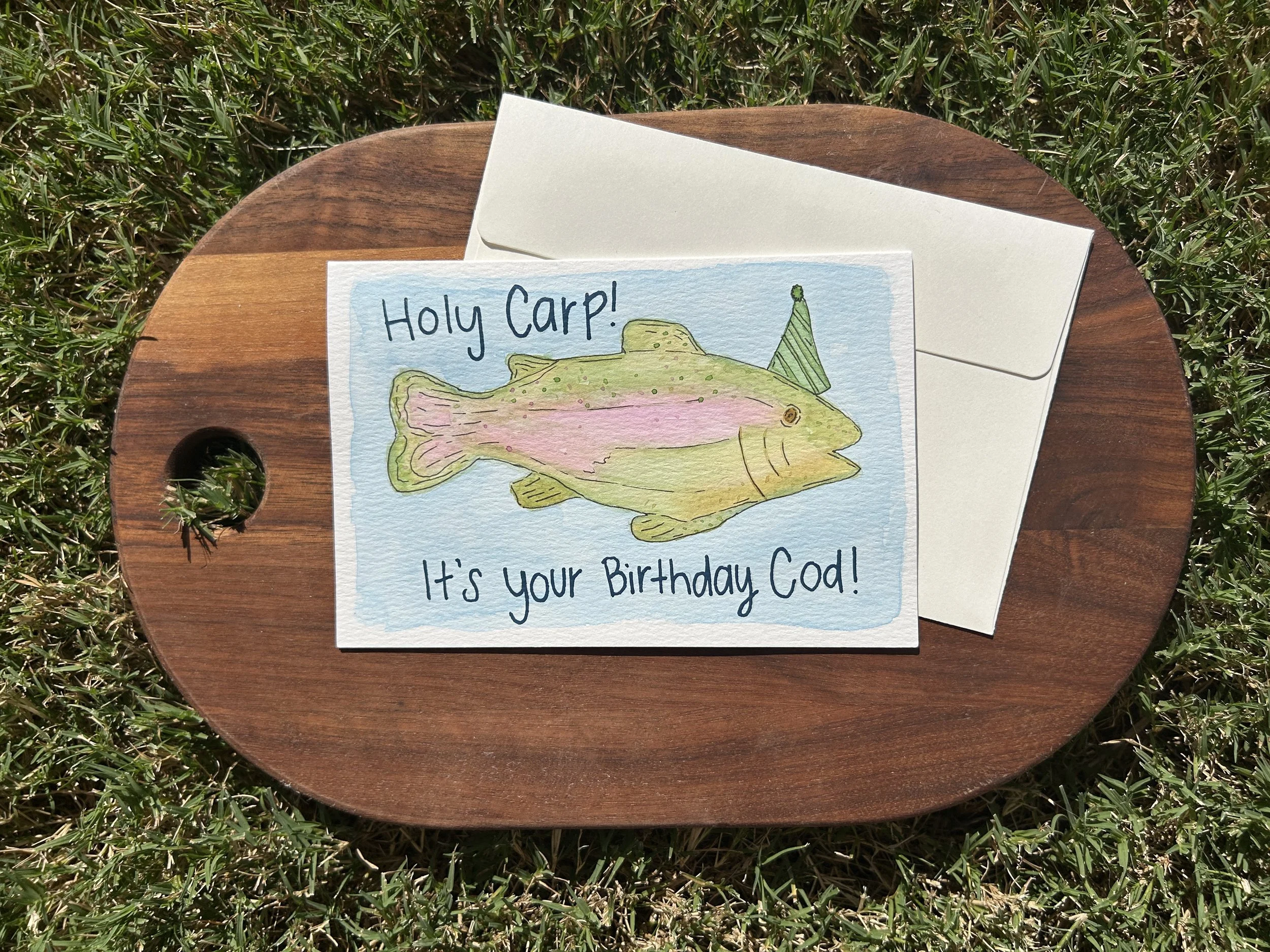 It's Your Birthday Cod Watercolor Card, Original Hand Painted