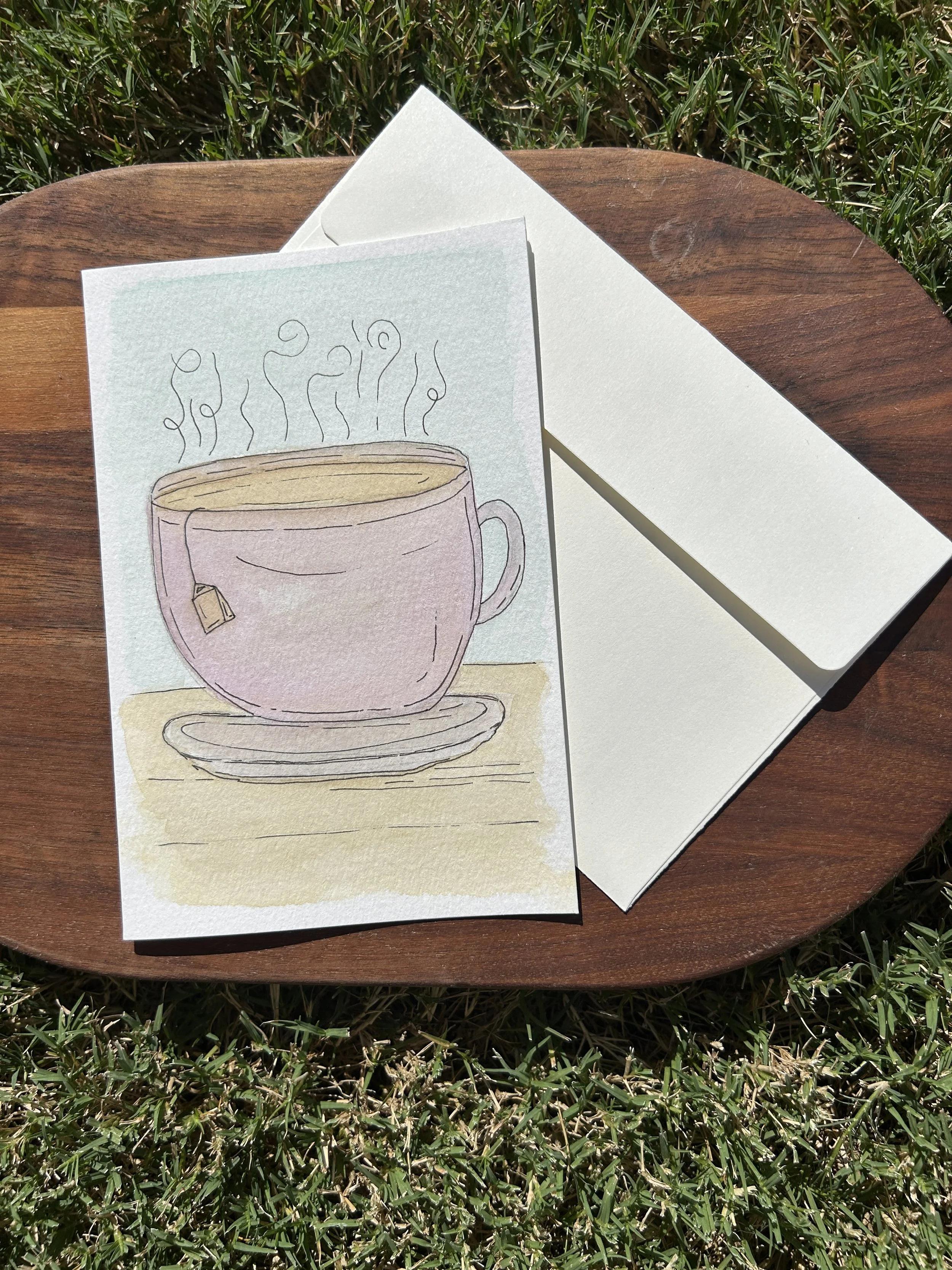 Cup of Tea Watercolor Card, Original Hand Painted