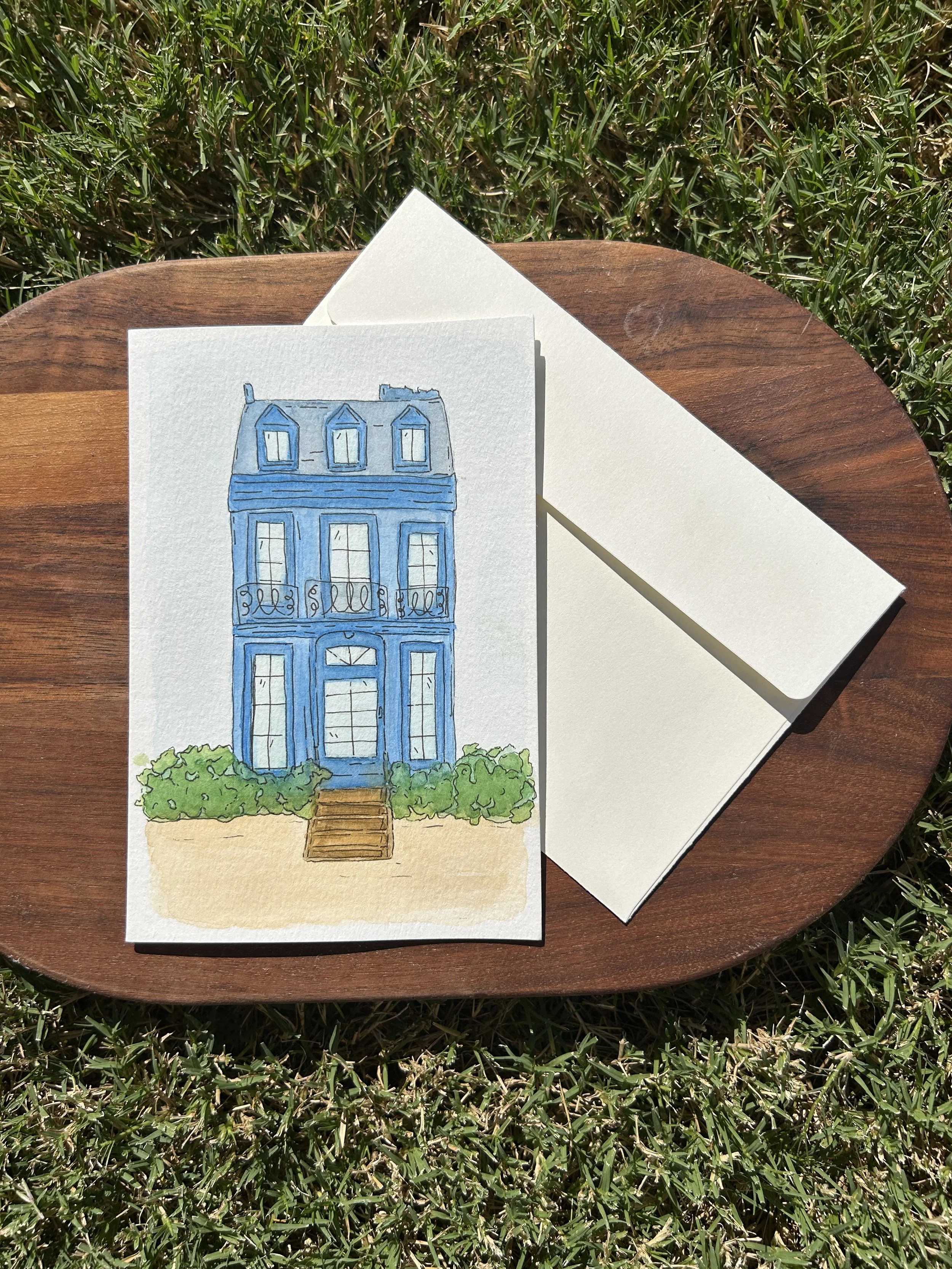 French Provincial Blue Watercolor Card, Original Hand Painted