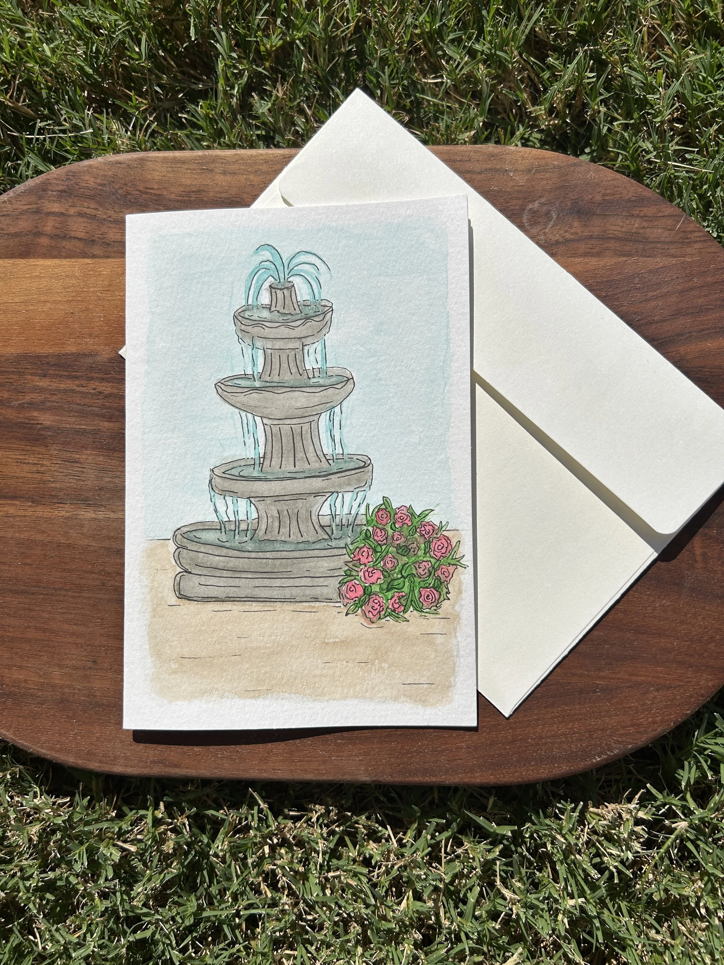 Fountain of Love Watercolor Card, Original Hand Painted