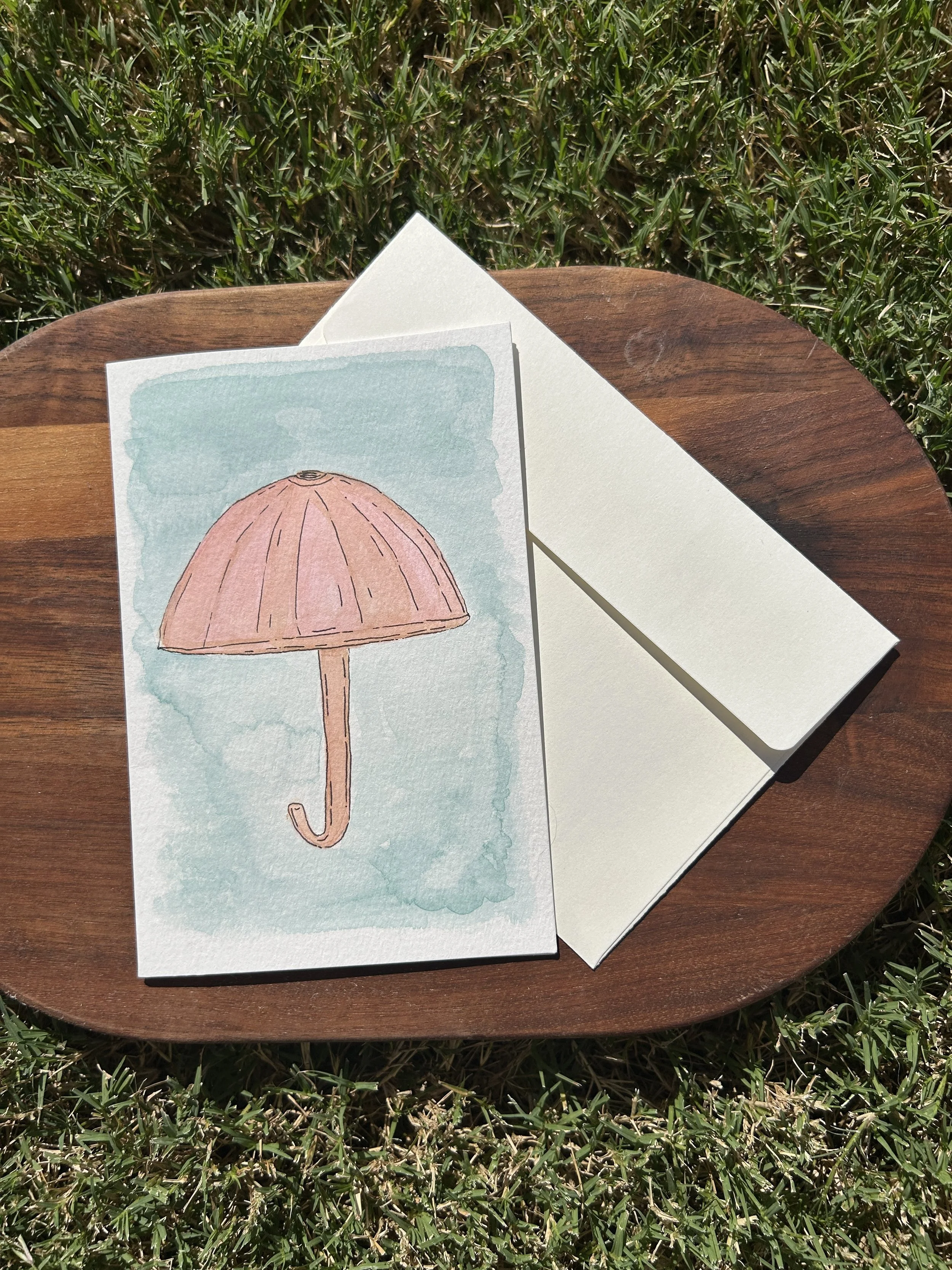Pink Umbrella Watercolor Card, Original Hand Painted