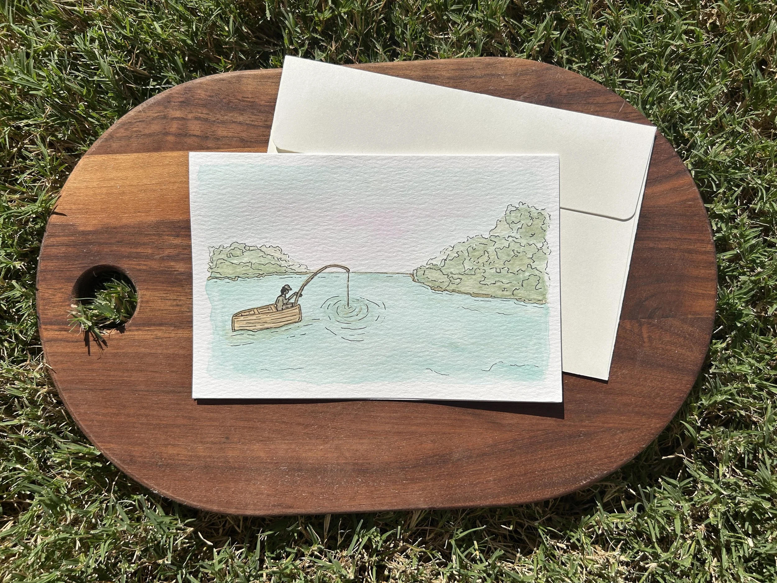 Lake Fishing at Sunset Watercolor Card, Original Hand Painted