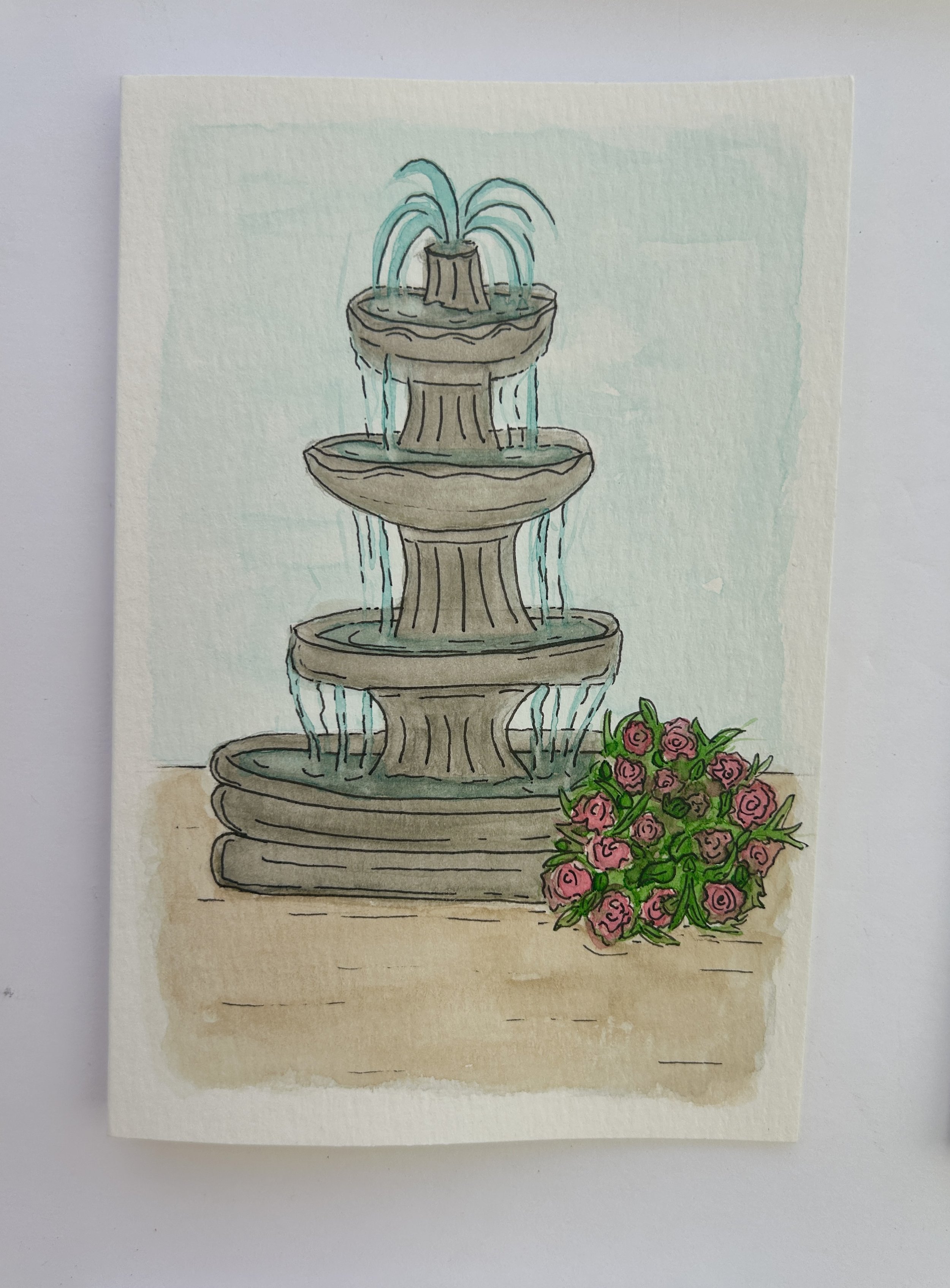 Fountain of Love Watercolor Card, Original Hand Painted